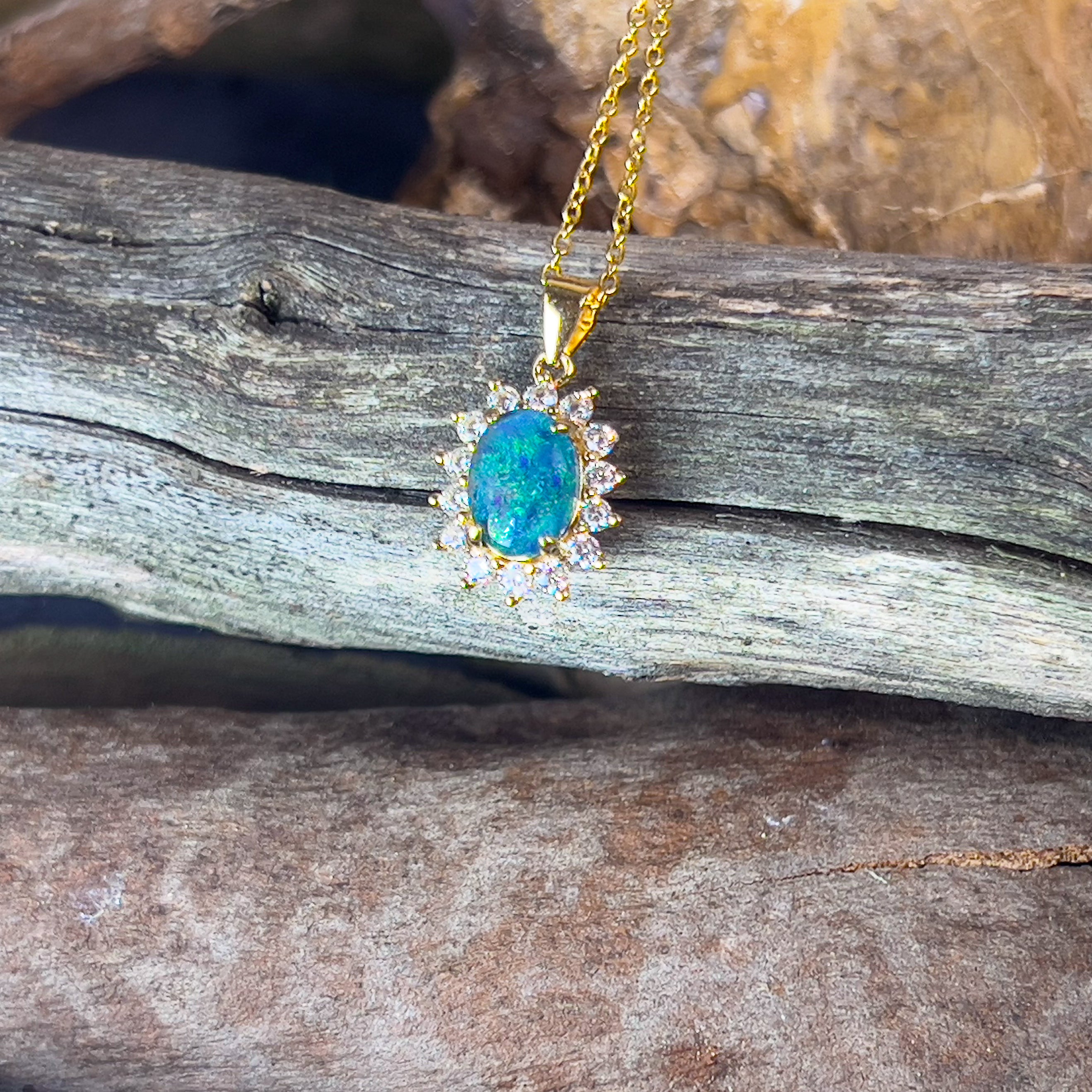 Silver Gold plated cluster pendant 8x6mm Opal triplet - Masterpiece Jewellery Opal & Gems Sydney Australia | Online Shop