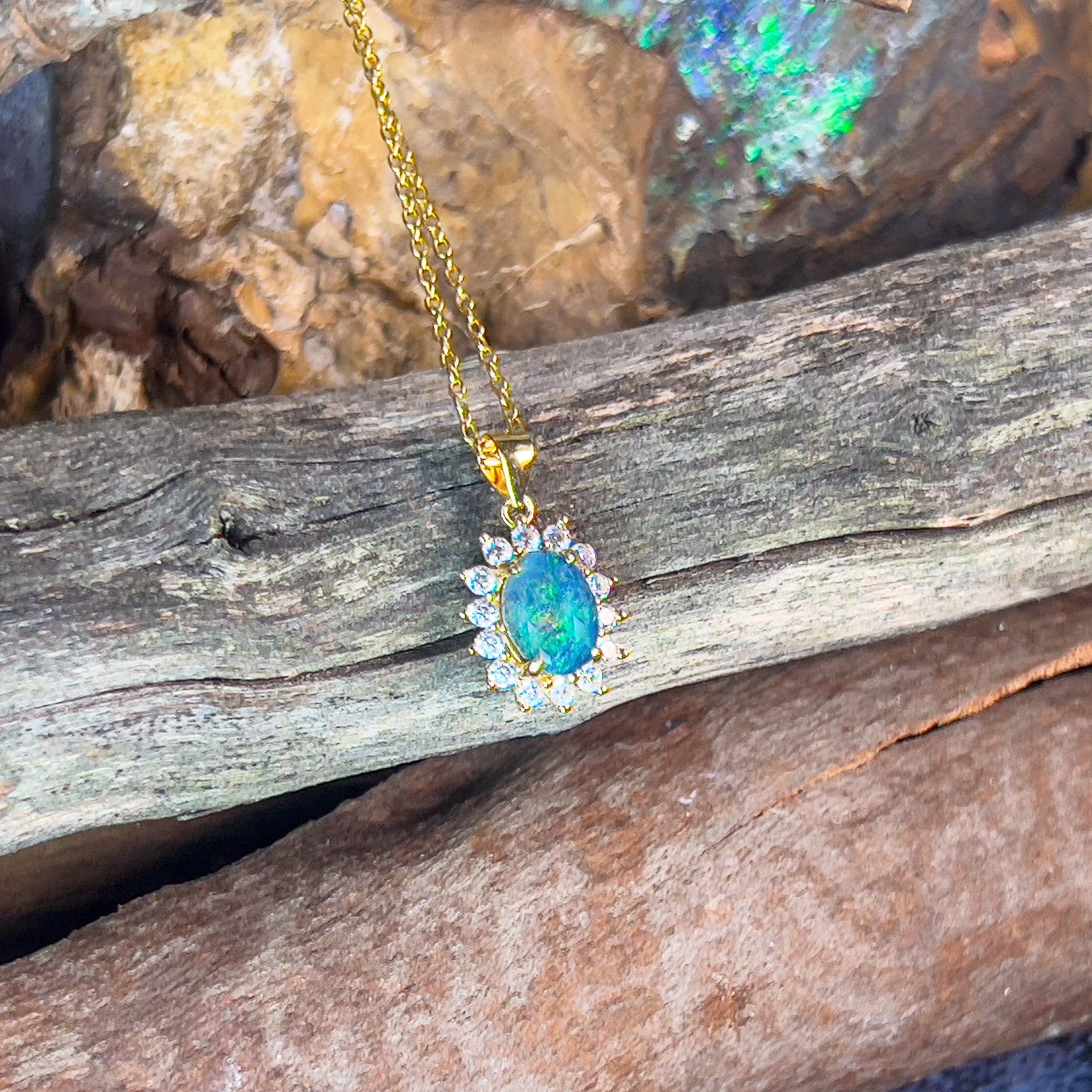 Silver Gold plated cluster pendant 8x6mm Opal triplet - Masterpiece Jewellery Opal & Gems Sydney Australia | Online Shop