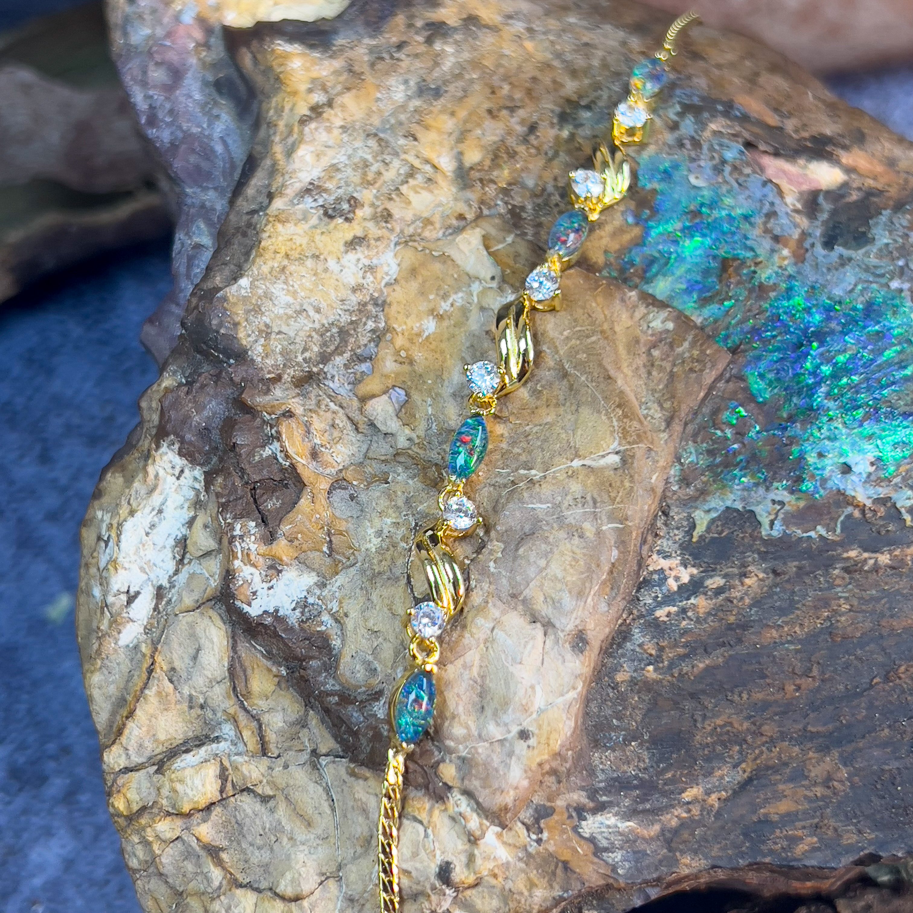 Sterling Silver Gold Plated 6x3mm Opal tripelt and cz bracelet - Masterpiece Jewellery Opal & Gems Sydney Australia | Online Shop