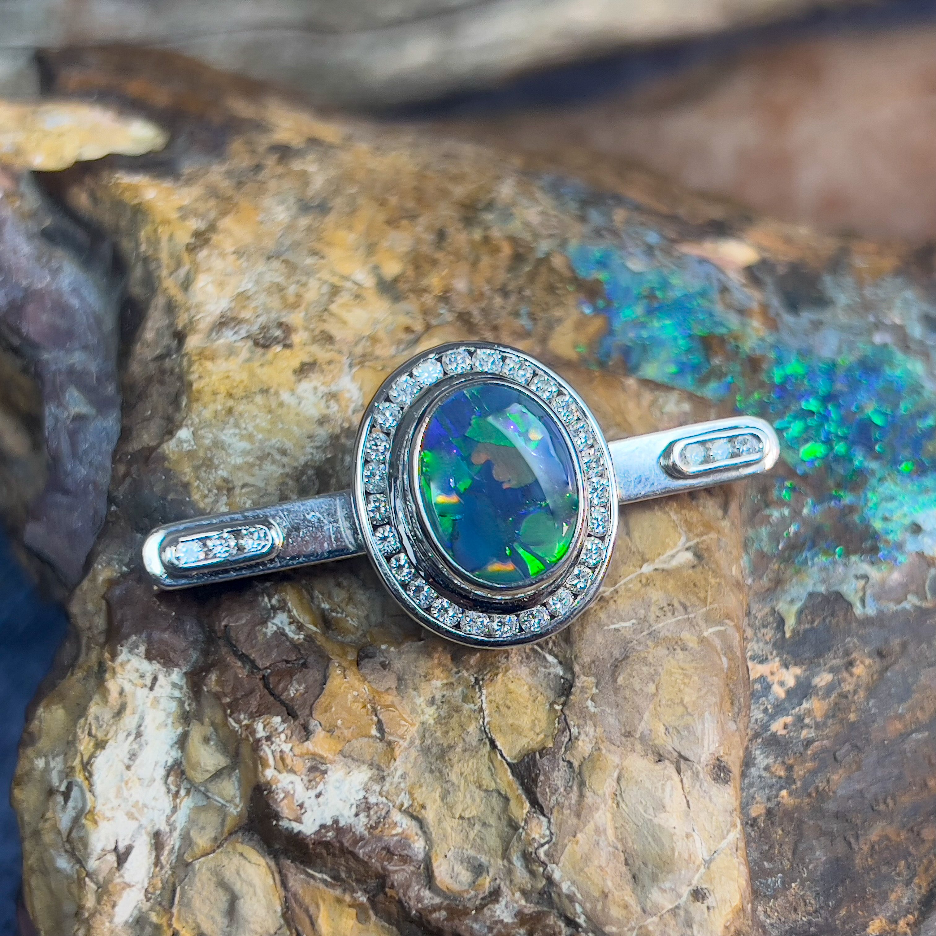 18kt White Gold multi piece Black Opal diamond ring, pendant and brooch piece - Masterpiece Jewellery Opal & Gems Sydney Australia | Online Shop