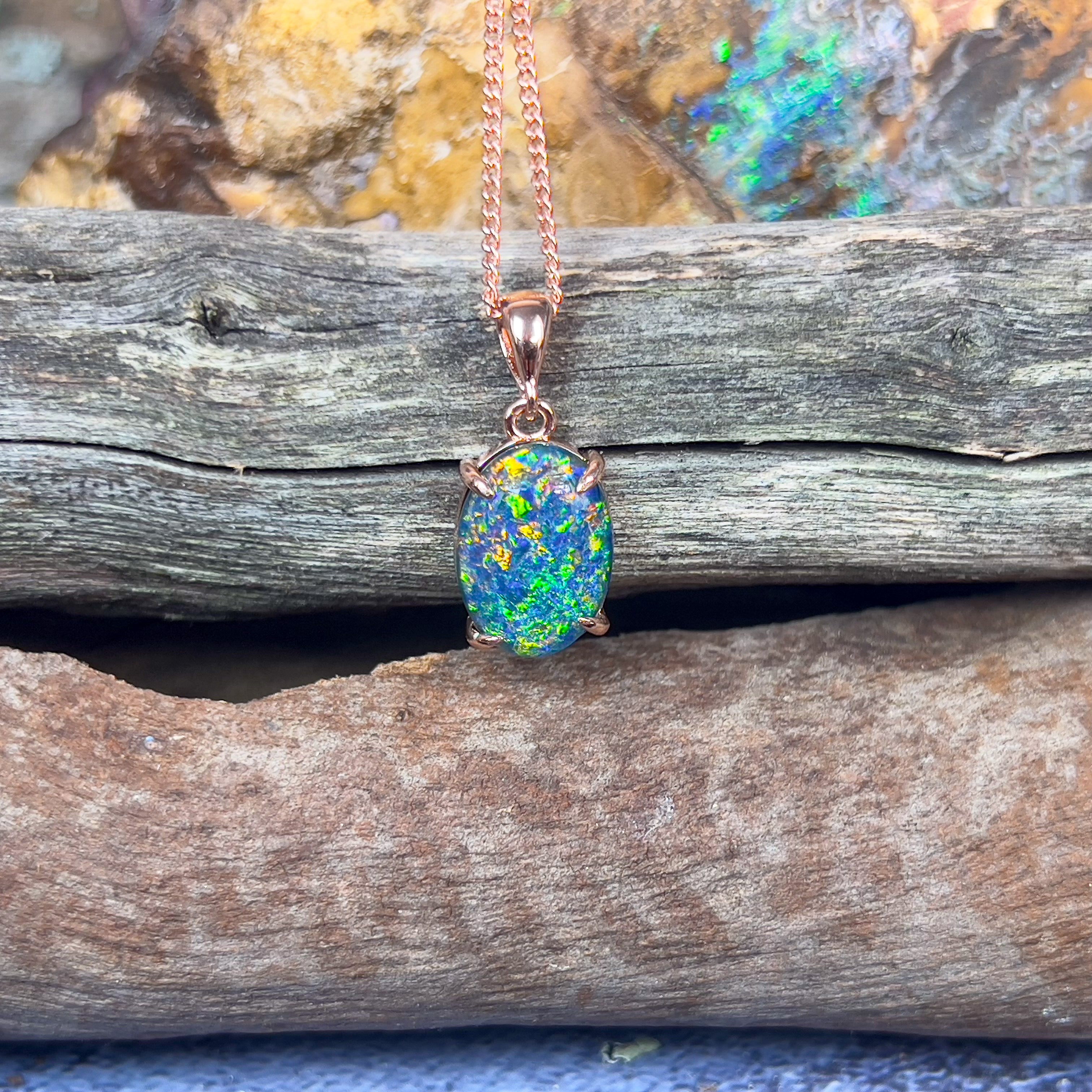 Sterling Silver Rose Gold plated 14x10mm Opal triplet claw set pendant - Masterpiece Jewellery Opal & Gems Sydney Australia | Online Shop