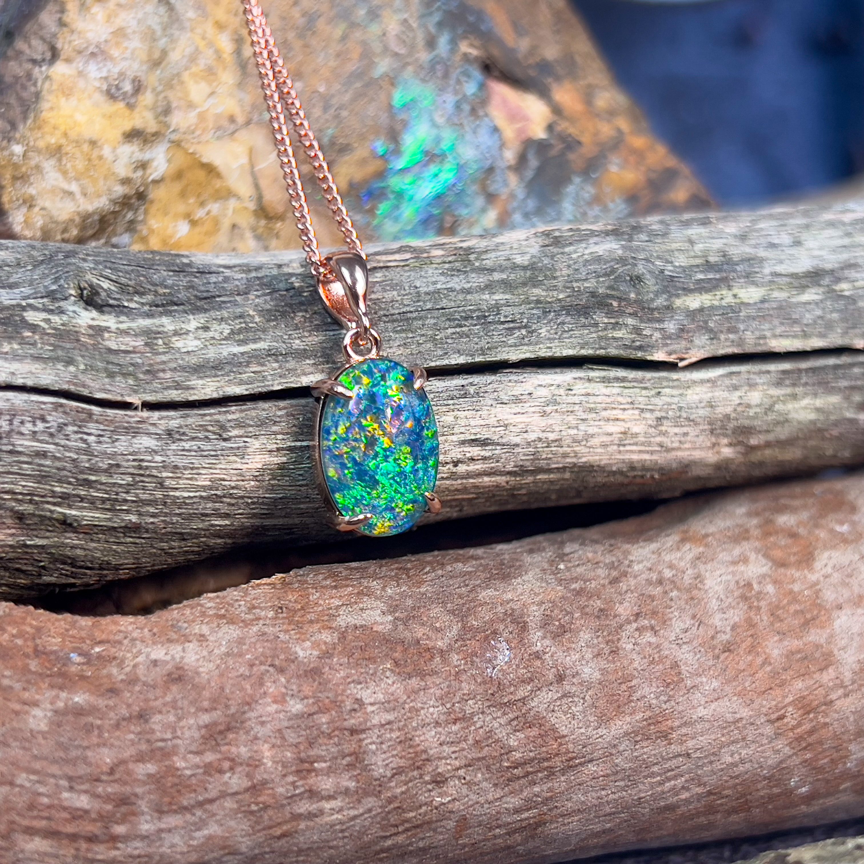 Sterling Silver Rose Gold plated 14x10mm Opal triplet claw set pendant - Masterpiece Jewellery Opal & Gems Sydney Australia | Online Shop