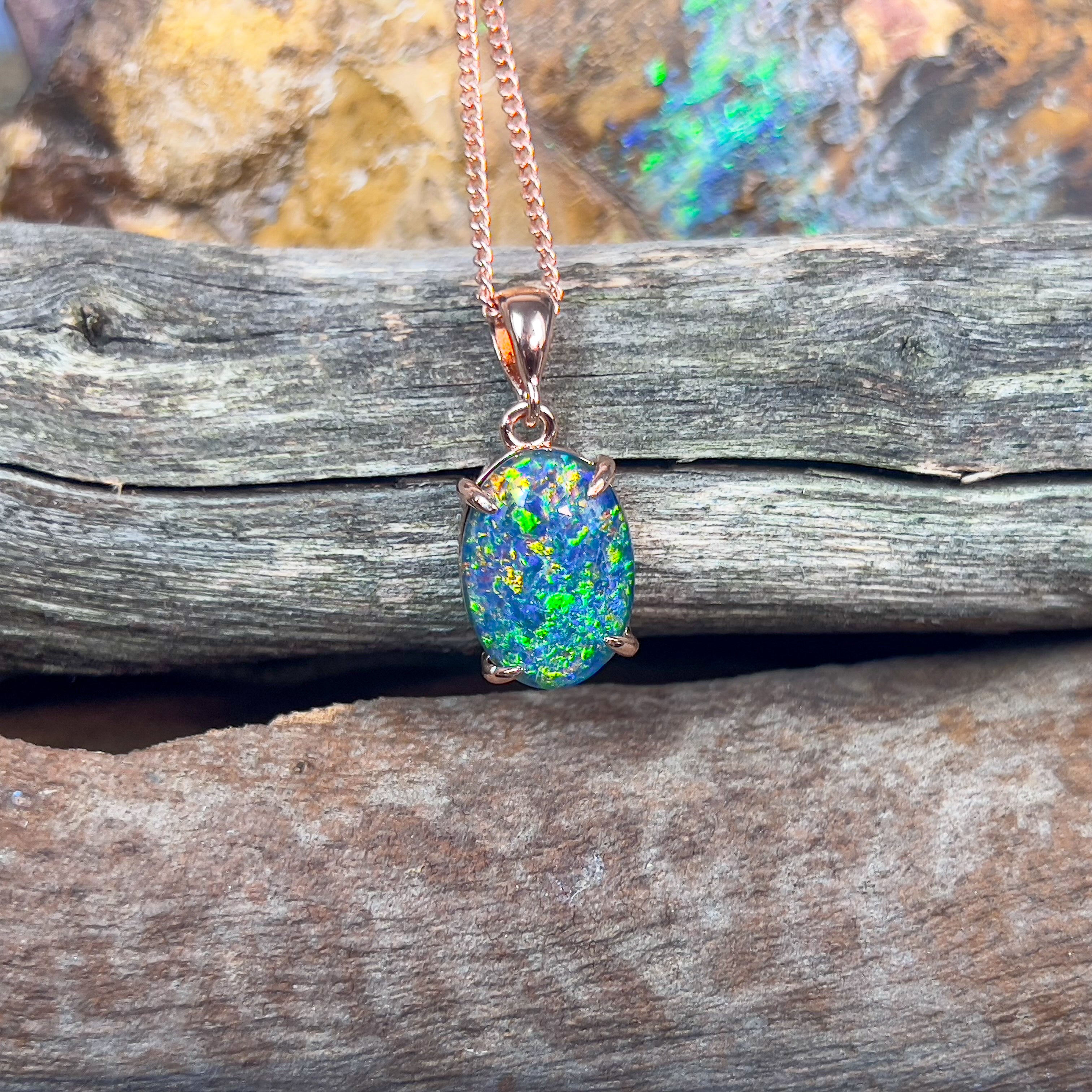 Sterling Silver Rose Gold plated 14x10mm Opal triplet claw set pendant - Masterpiece Jewellery Opal & Gems Sydney Australia | Online Shop