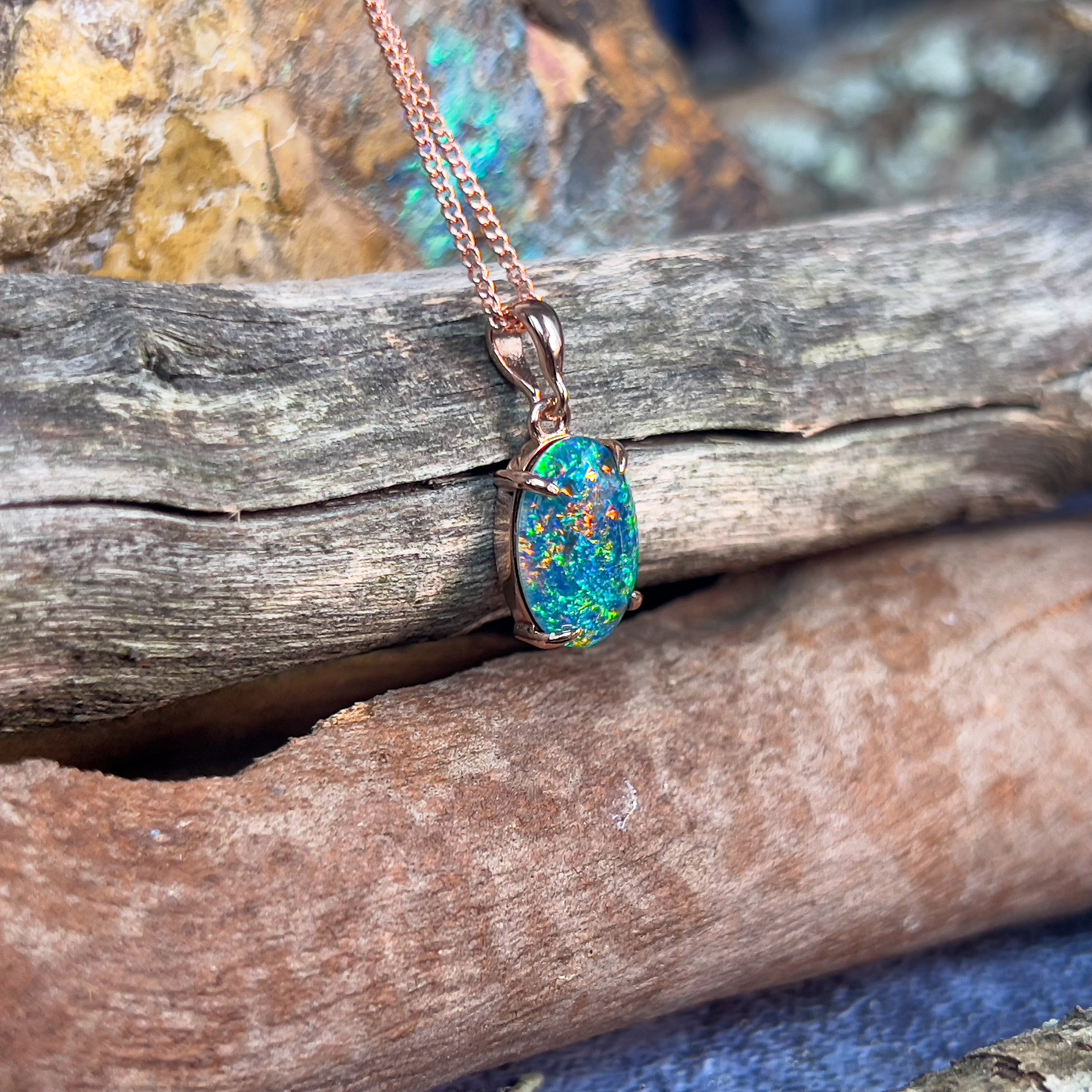 Sterling Silver Rose Gold plated 14x10mm Opal triplet claw set pendant - Masterpiece Jewellery Opal & Gems Sydney Australia | Online Shop