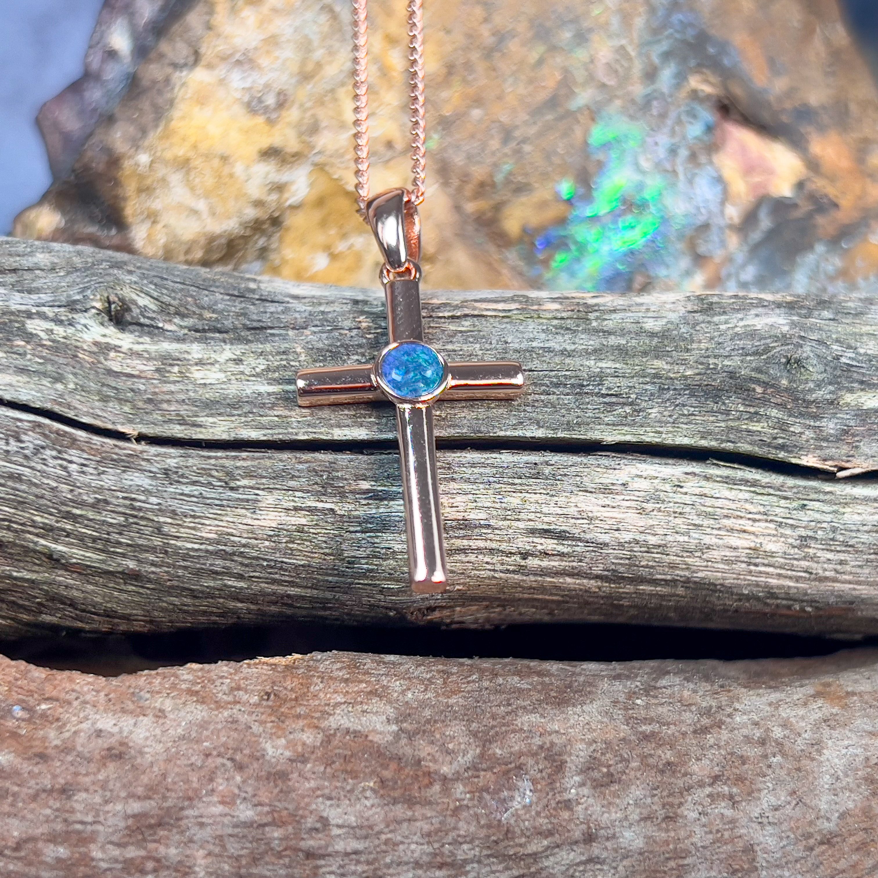 Silver Rose Gold plated 5mm Opal triplet cross pendant - Masterpiece Jewellery Opal & Gems Sydney Australia | Online Shop