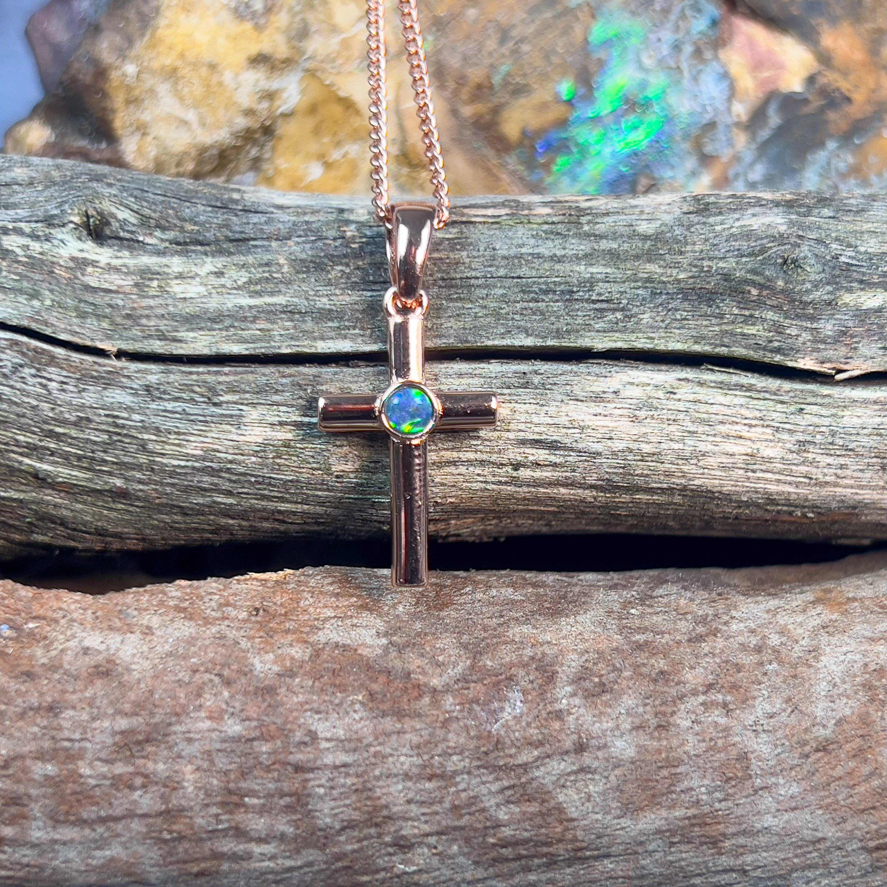 Silver Rose Gold plated 5mm Opal triplet cross pendant - Masterpiece Jewellery Opal & Gems Sydney Australia | Online Shop