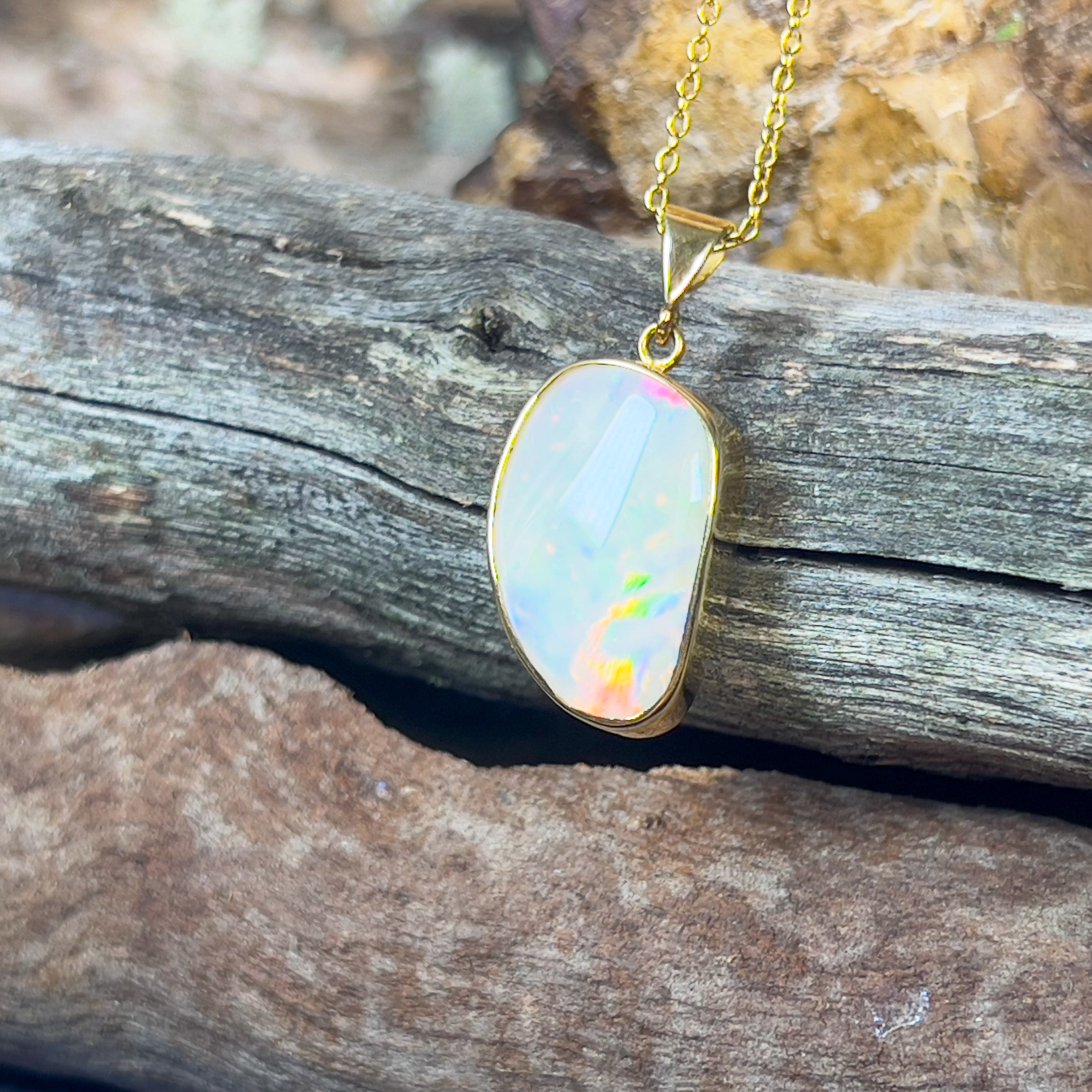 18kt Yellow Gold Freeform shape White Opal 4.88ct pendant - Masterpiece Jewellery Opal & Gems Sydney Australia | Online Shop