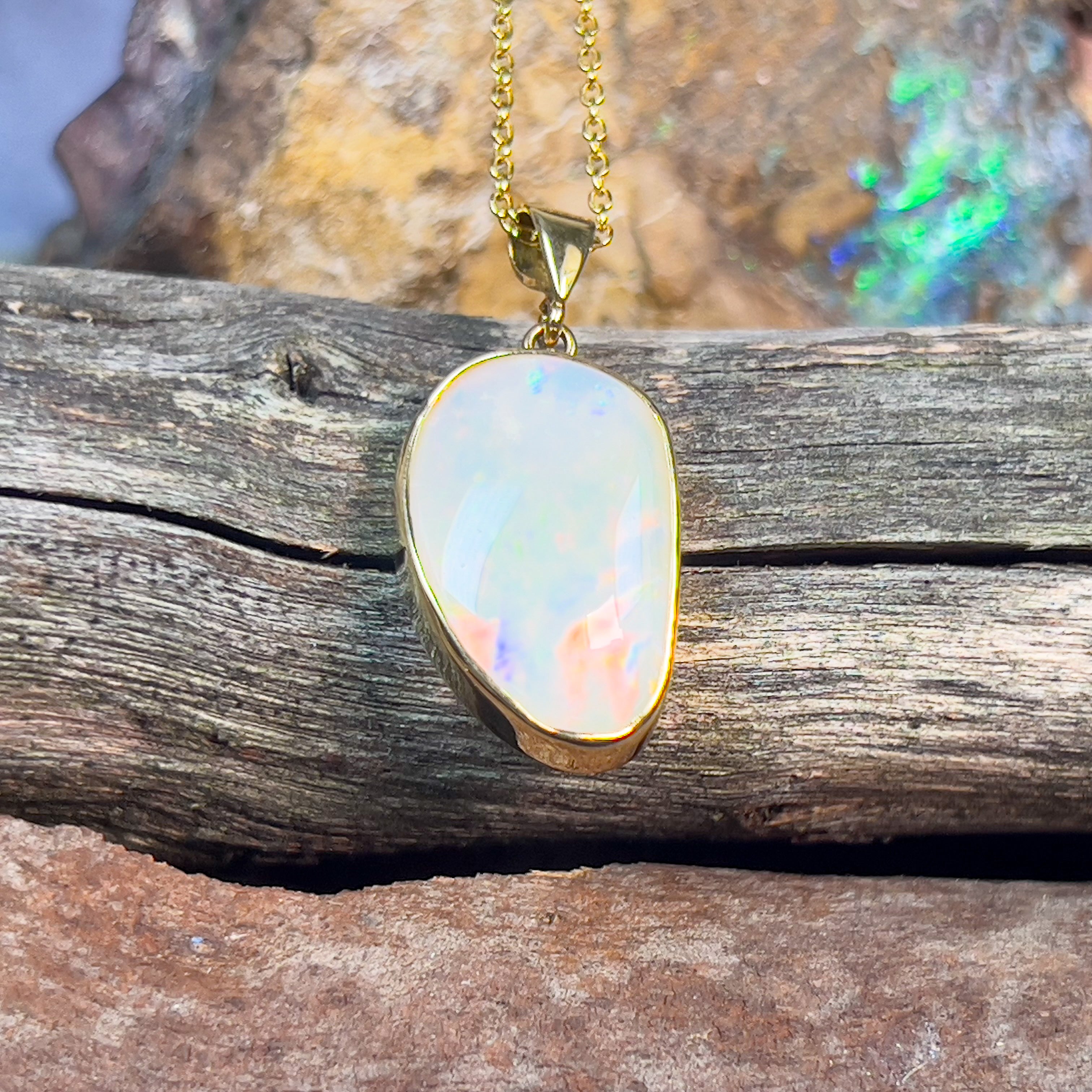 18kt Yellow Gold Freeform shape White Opal 4.88ct pendant - Masterpiece Jewellery Opal & Gems Sydney Australia | Online Shop