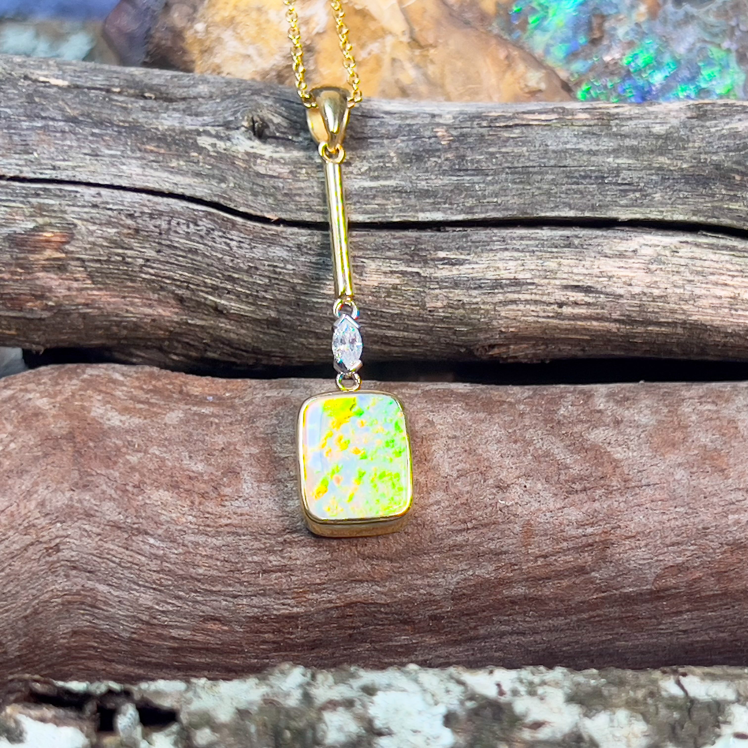 18kt Yellow Gold Rectangular Opal 2.1ct and Marquise diamond 0.06ct pendant - Masterpiece Jewellery Opal & Gems Sydney Australia | Online Shop