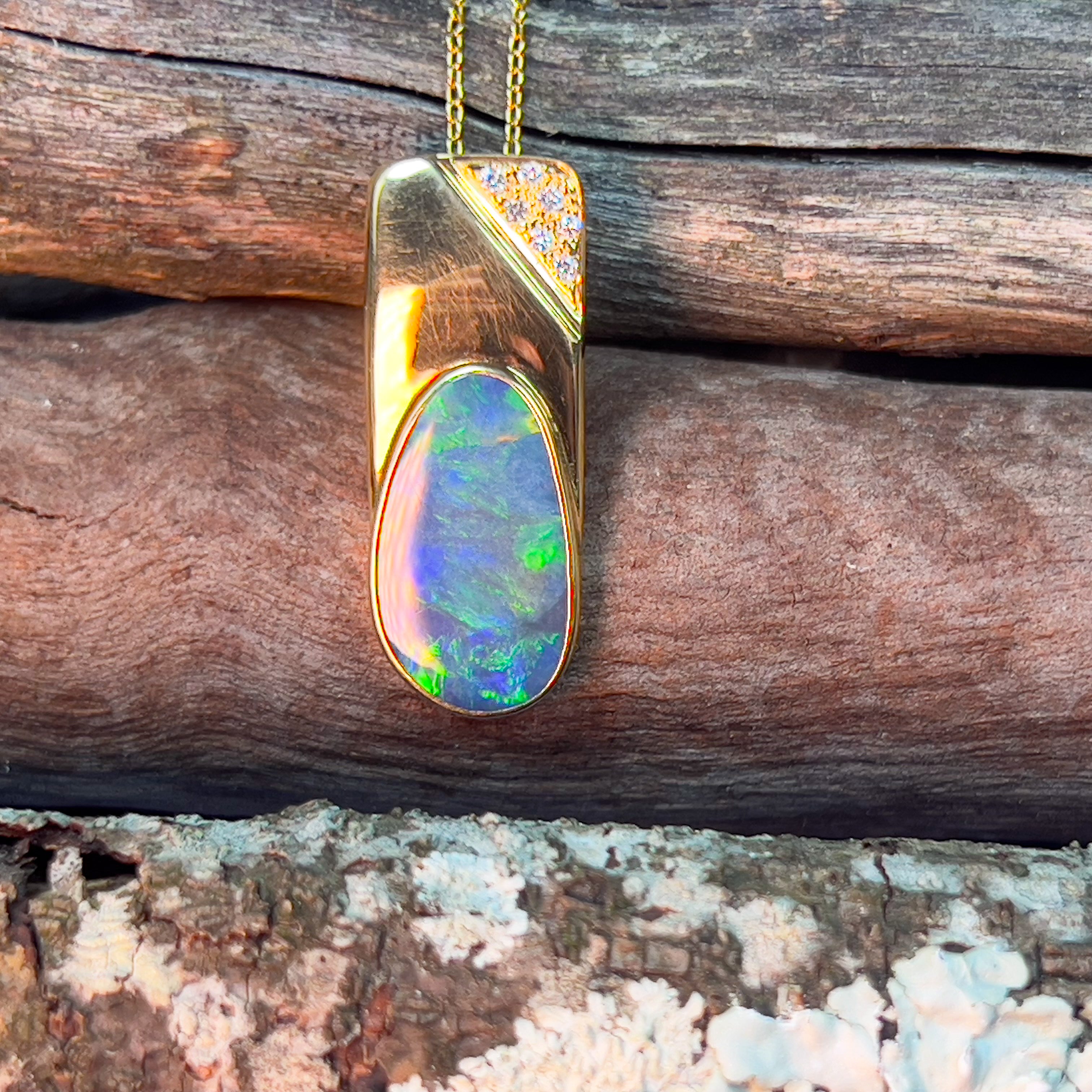 18kt Yellow Gold pendant with 4.27ct Black Opal and Diamonds - Masterpiece Jewellery Opal & Gems Sydney Australia | Online Shop