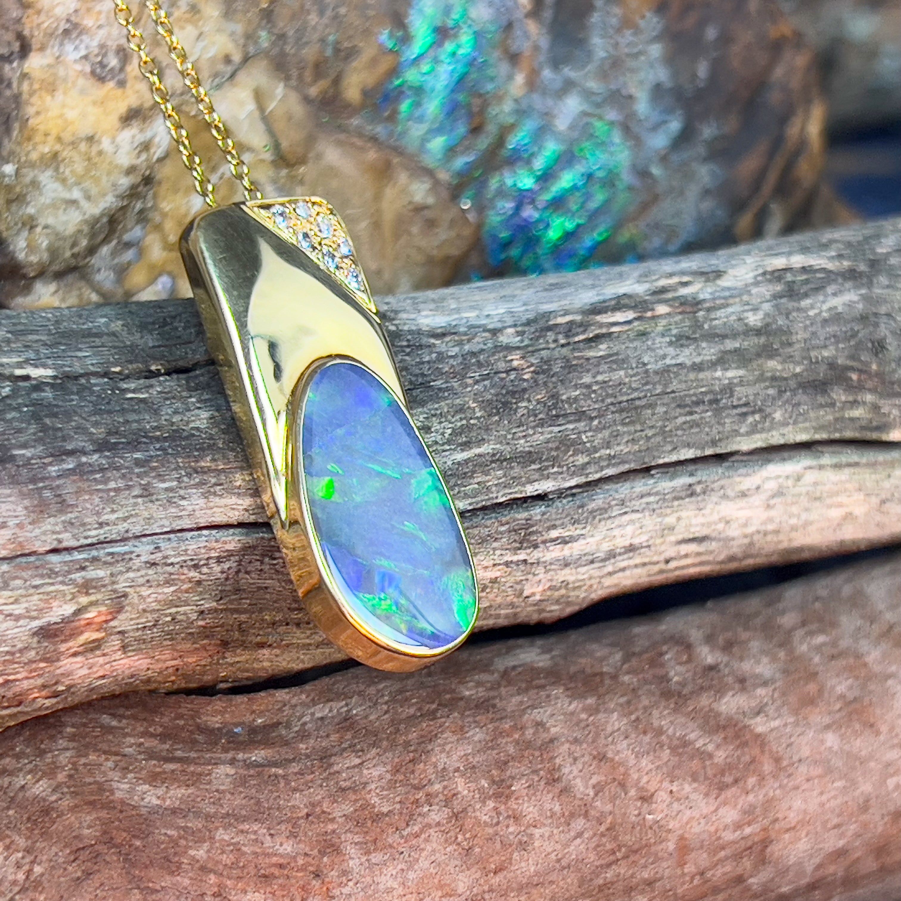 18kt Yellow Gold pendant with 4.27ct Black Opal and Diamonds - Masterpiece Jewellery Opal & Gems Sydney Australia | Online Shop