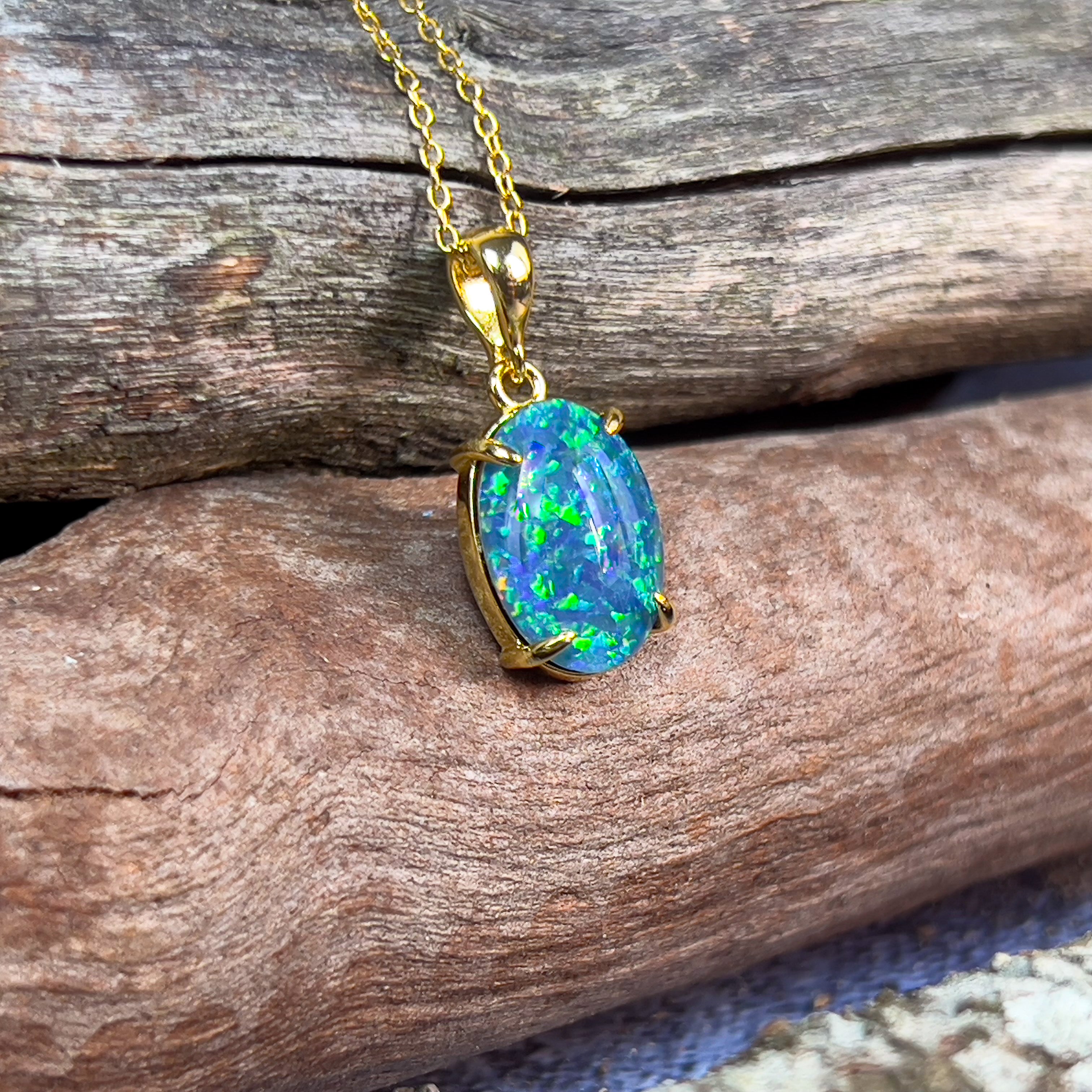 Sterling Silver Gold plated 14x10mm Opal triplet pendant claw set - Masterpiece Jewellery Opal & Gems Sydney Australia | Online Shop