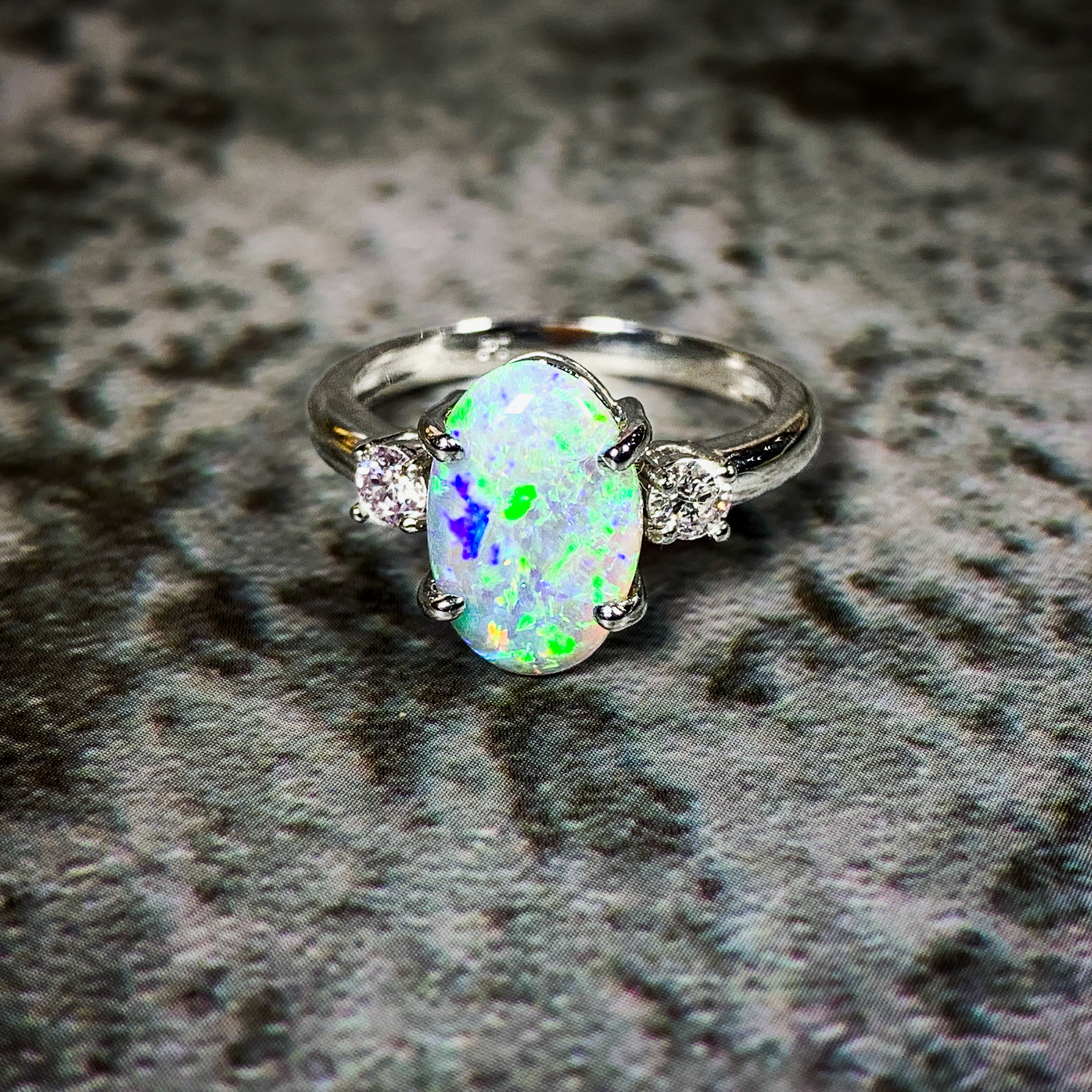 Platinum Black Opal 1.9ct and Diamond 0.24ct trilogy ring - Masterpiece Jewellery Opal & Gems Sydney Australia | Online Shop