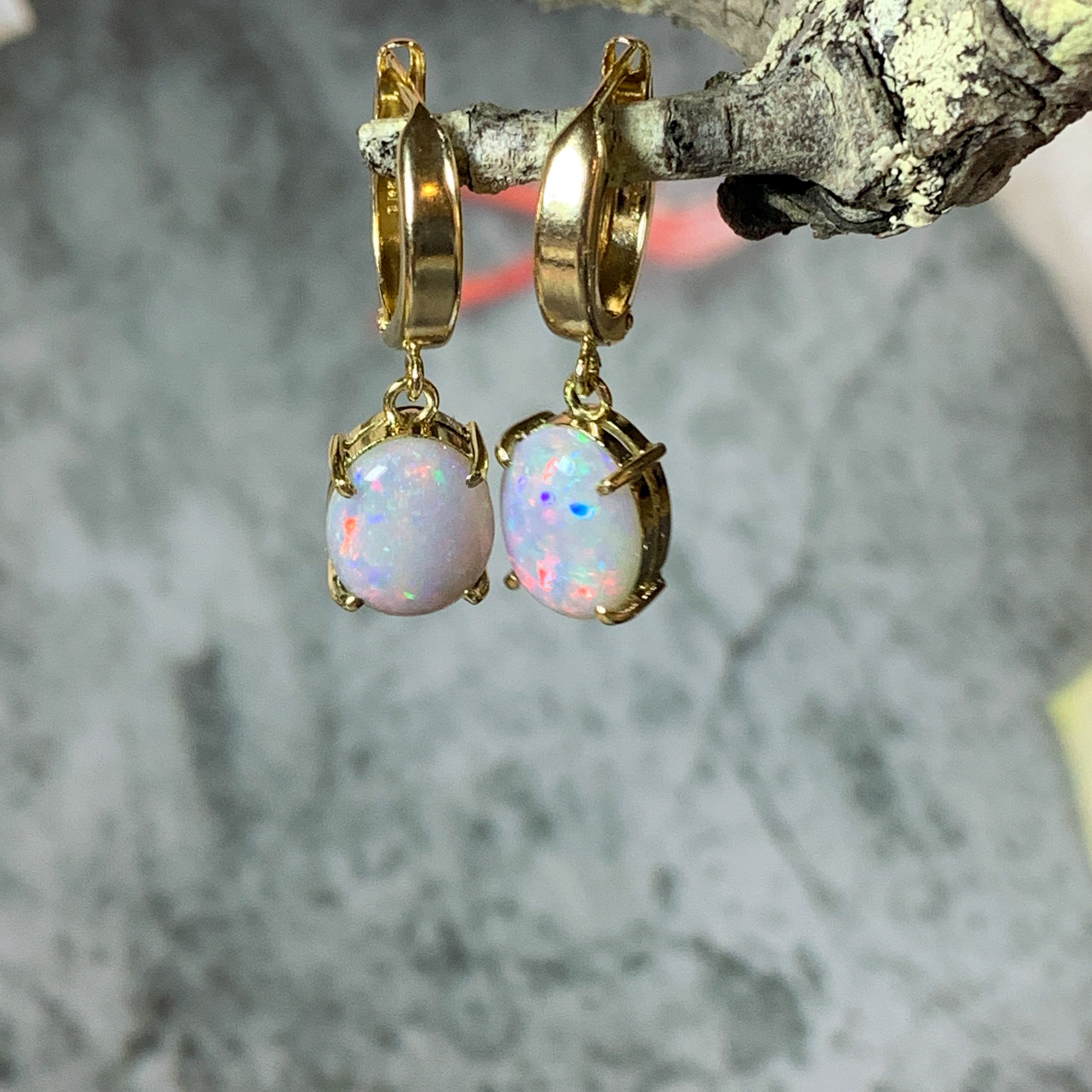 14kt Yellow Gold drop Huggie earrings with Red Dark Opal 2.8ct - Masterpiece Jewellery Opal & Gems Sydney Australia | Online Shop