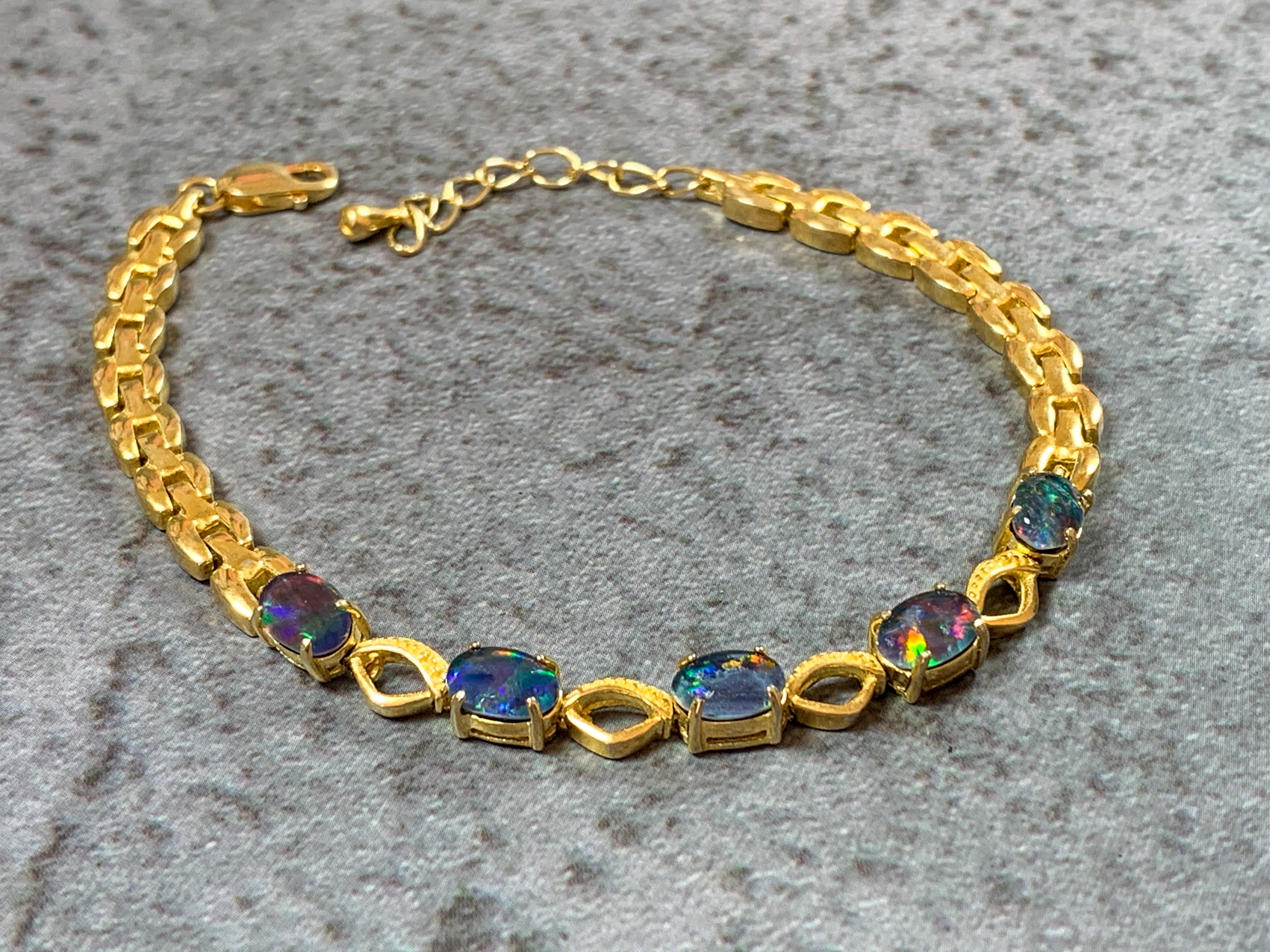 Gold plated sterling Silver 7x5mm Opal triplet bracelet patterned - Masterpiece Jewellery Opal & Gems Sydney Australia | Online Shop