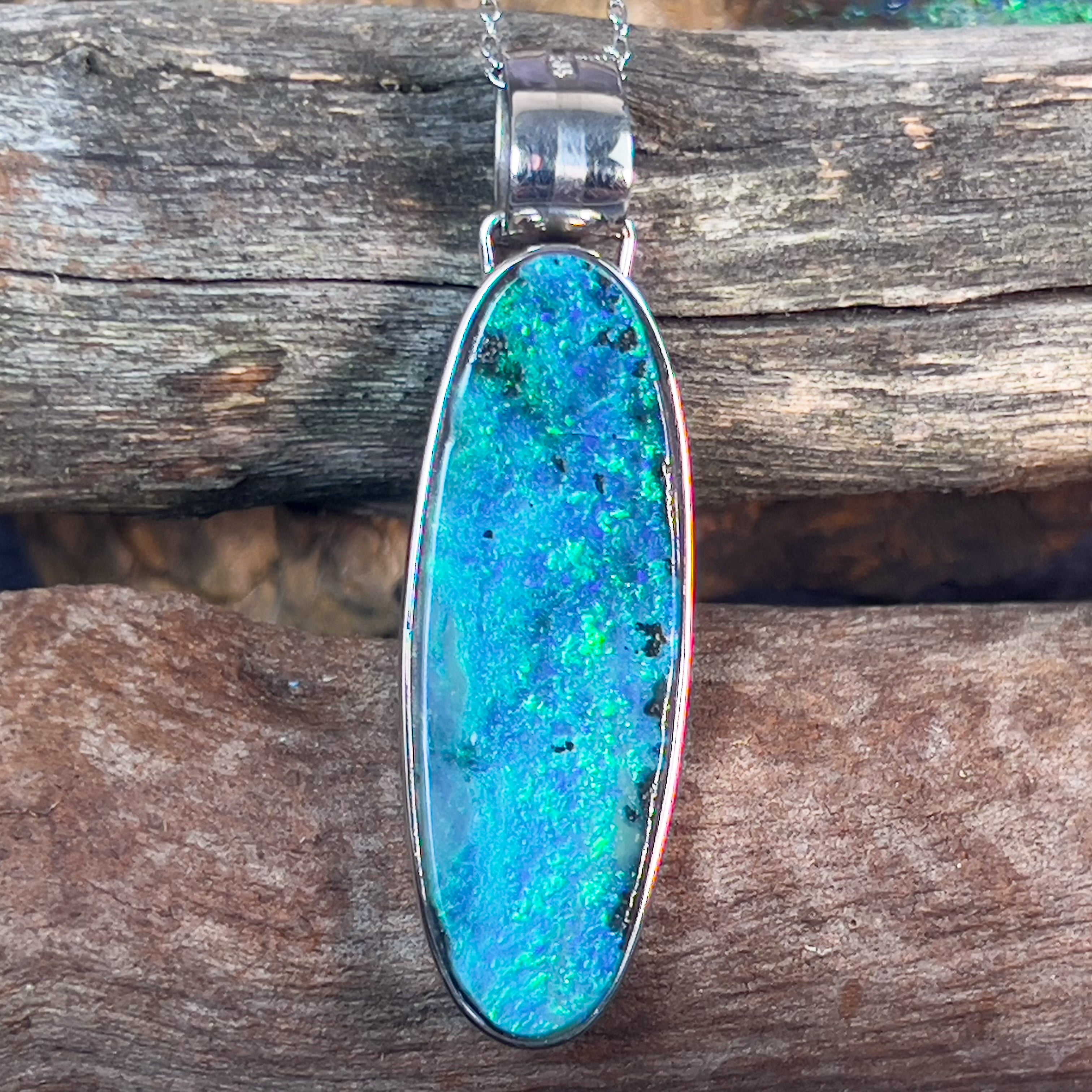 14kt White Gold long oval shape Boulder Opal 22.03ct pendant - Masterpiece Jewellery Opal & Gems Sydney Australia | Online Shop