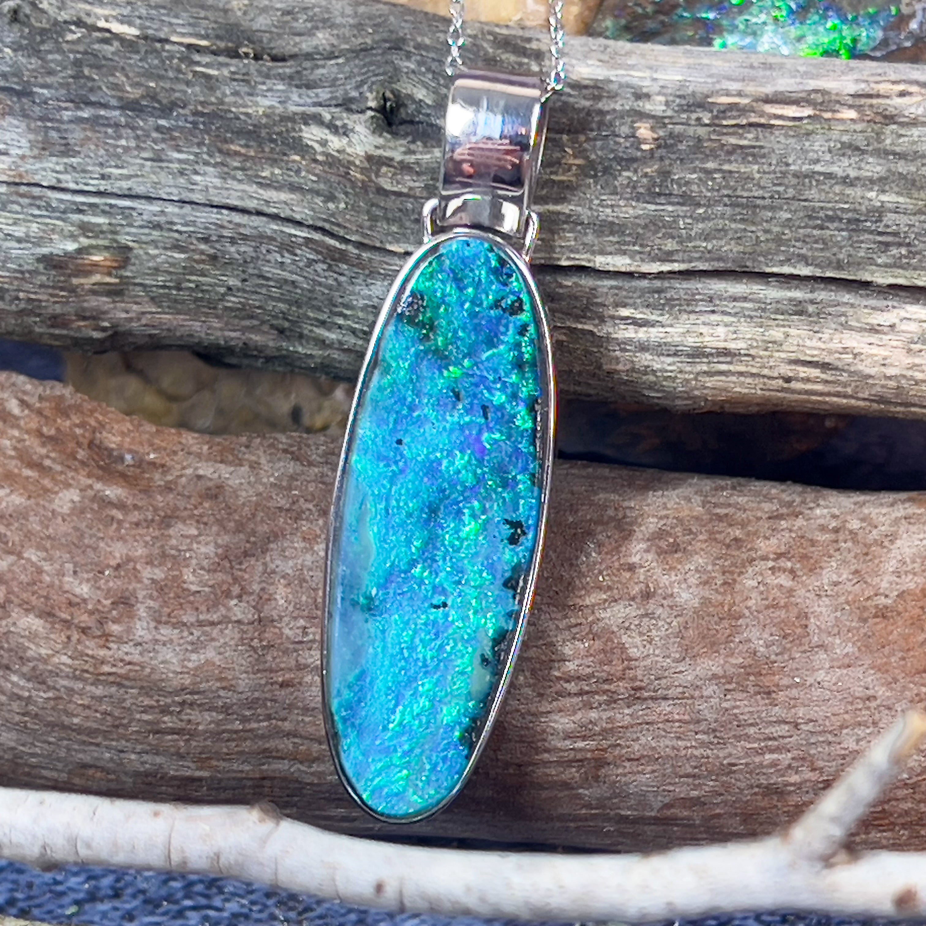 14kt White Gold long oval shape Boulder Opal 22.03ct pendant - Masterpiece Jewellery Opal & Gems Sydney Australia | Online Shop