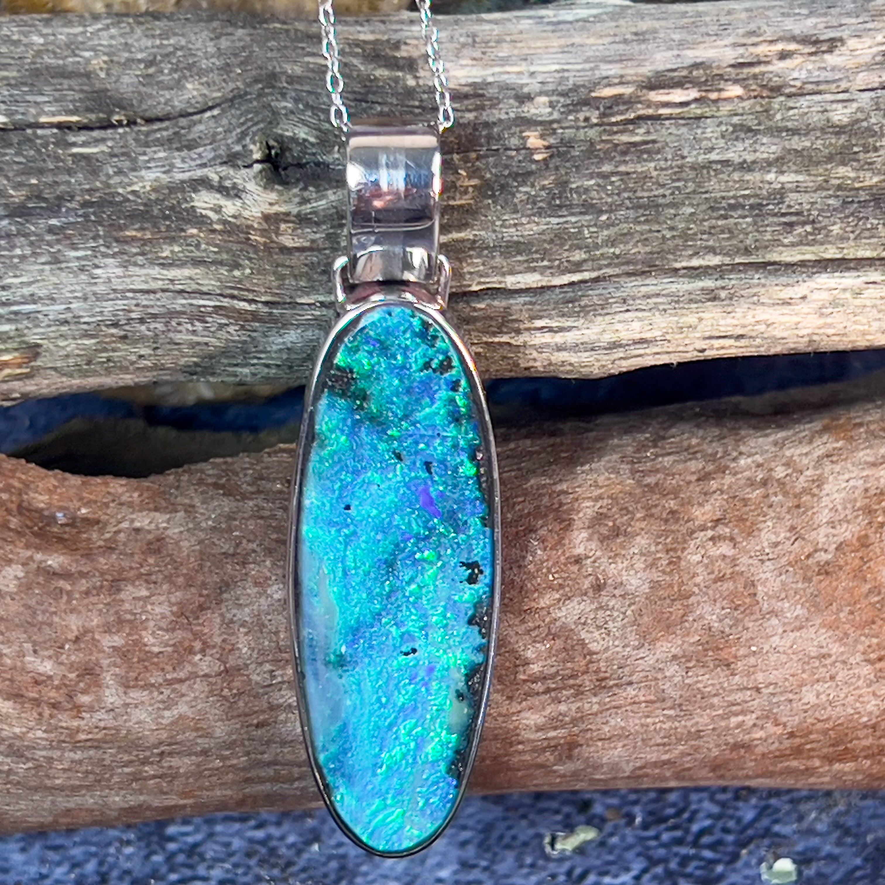 14kt White Gold long oval shape Boulder Opal 22.03ct pendant - Masterpiece Jewellery Opal & Gems Sydney Australia | Online Shop