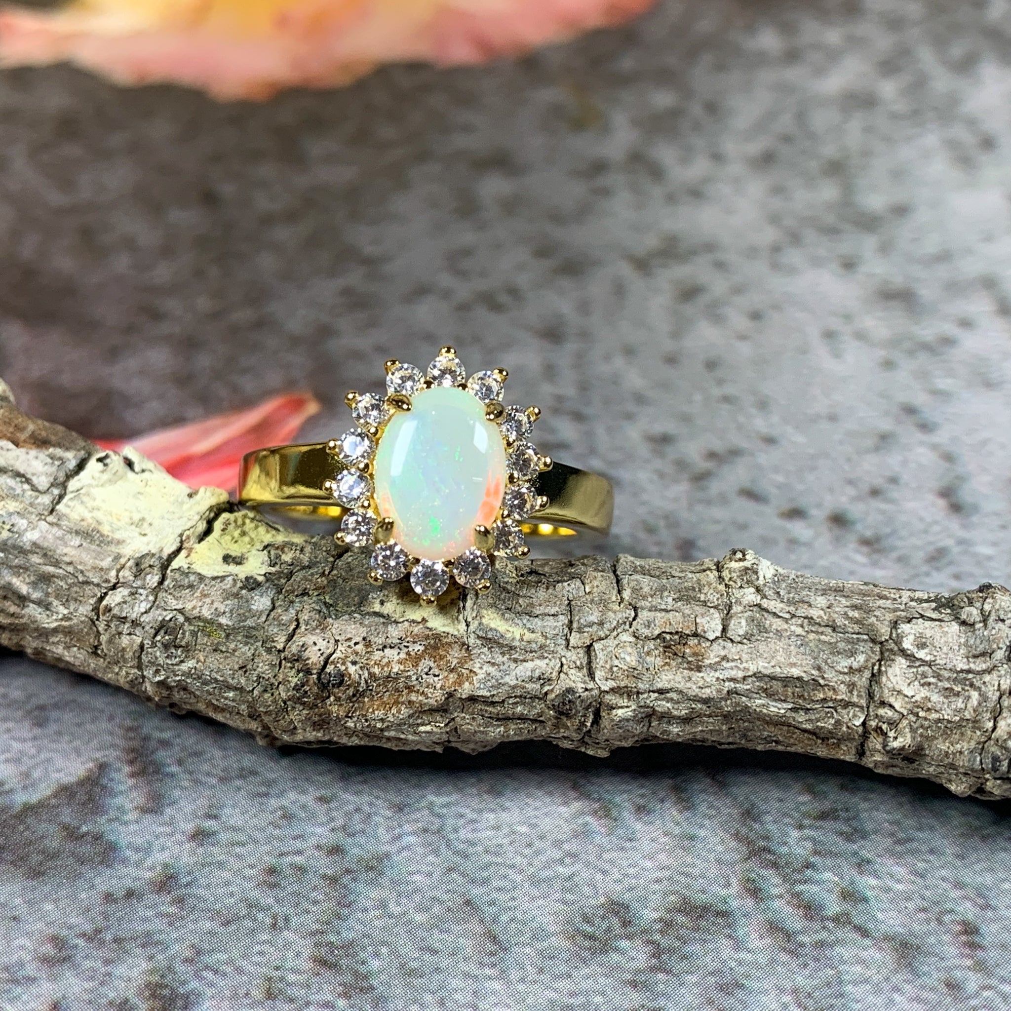 Yellow Gold plated Silver cluster ring 8x6mm White Opal - Masterpiece Jewellery Opal & Gems Sydney Australia | Online Shop