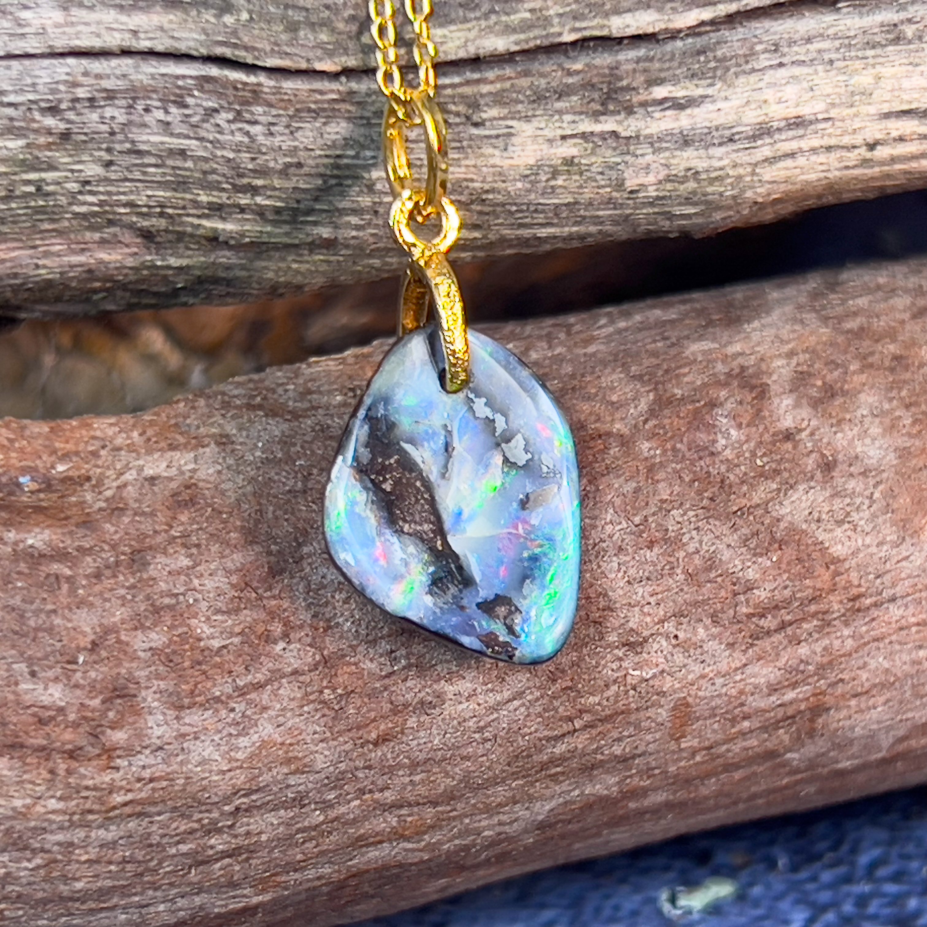 Sterling Silver gold plated Boulder Opal rectangular shape pendant - Masterpiece Jewellery Opal & Gems Sydney Australia | Online Shop