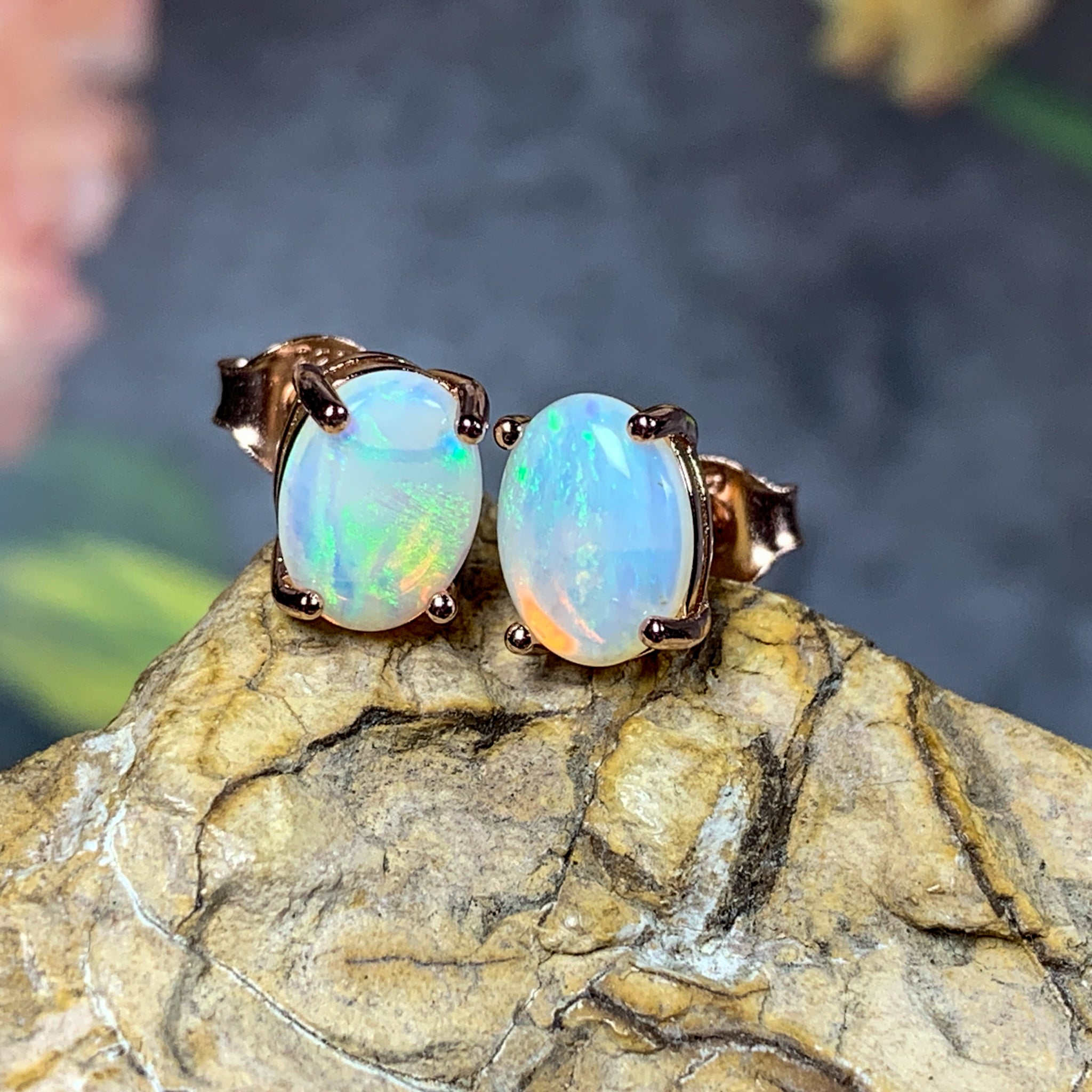 Pair of Rose Gold plated silver 8x6mm White Opal studs - Masterpiece Jewellery Opal & Gems Sydney Australia | Online Shop