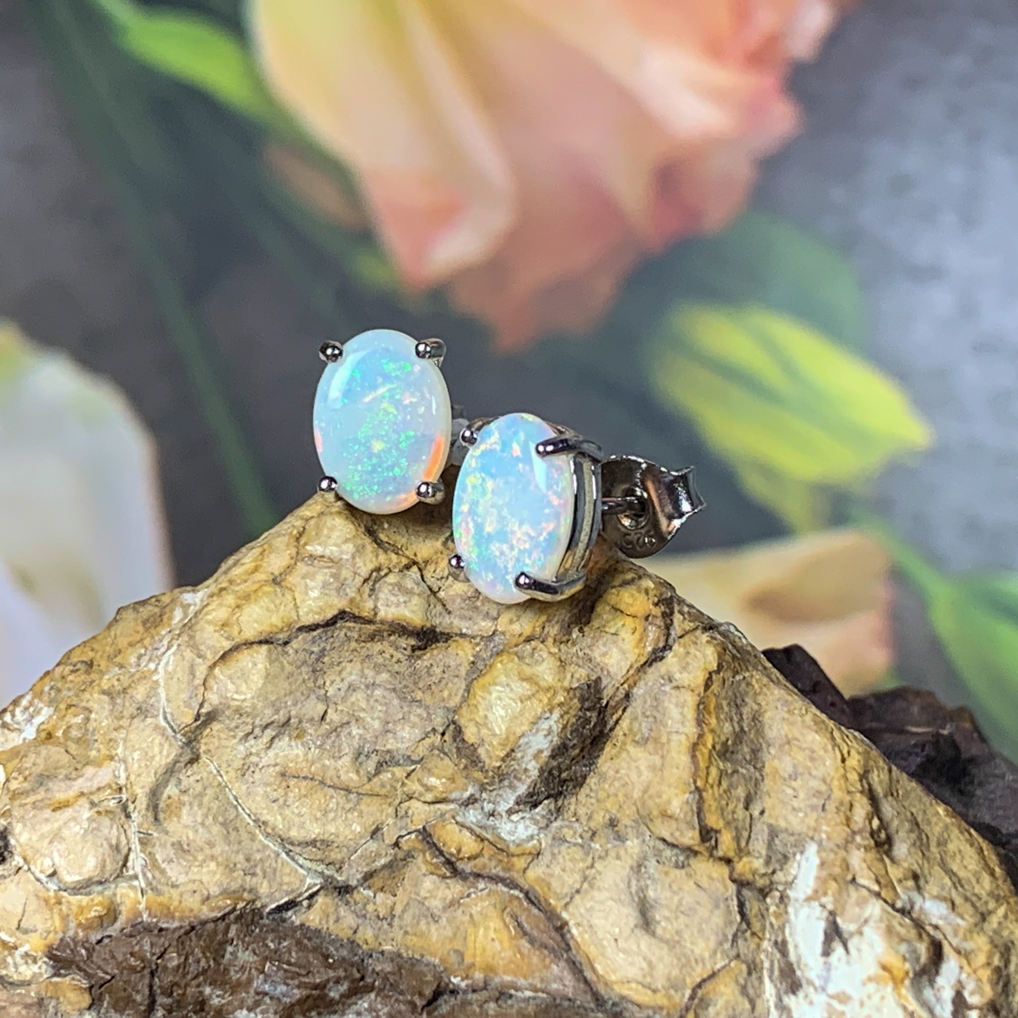 Sterling Silver 8x6mm White Opal studs - Masterpiece Jewellery Opal & Gems Sydney Australia | Online Shop