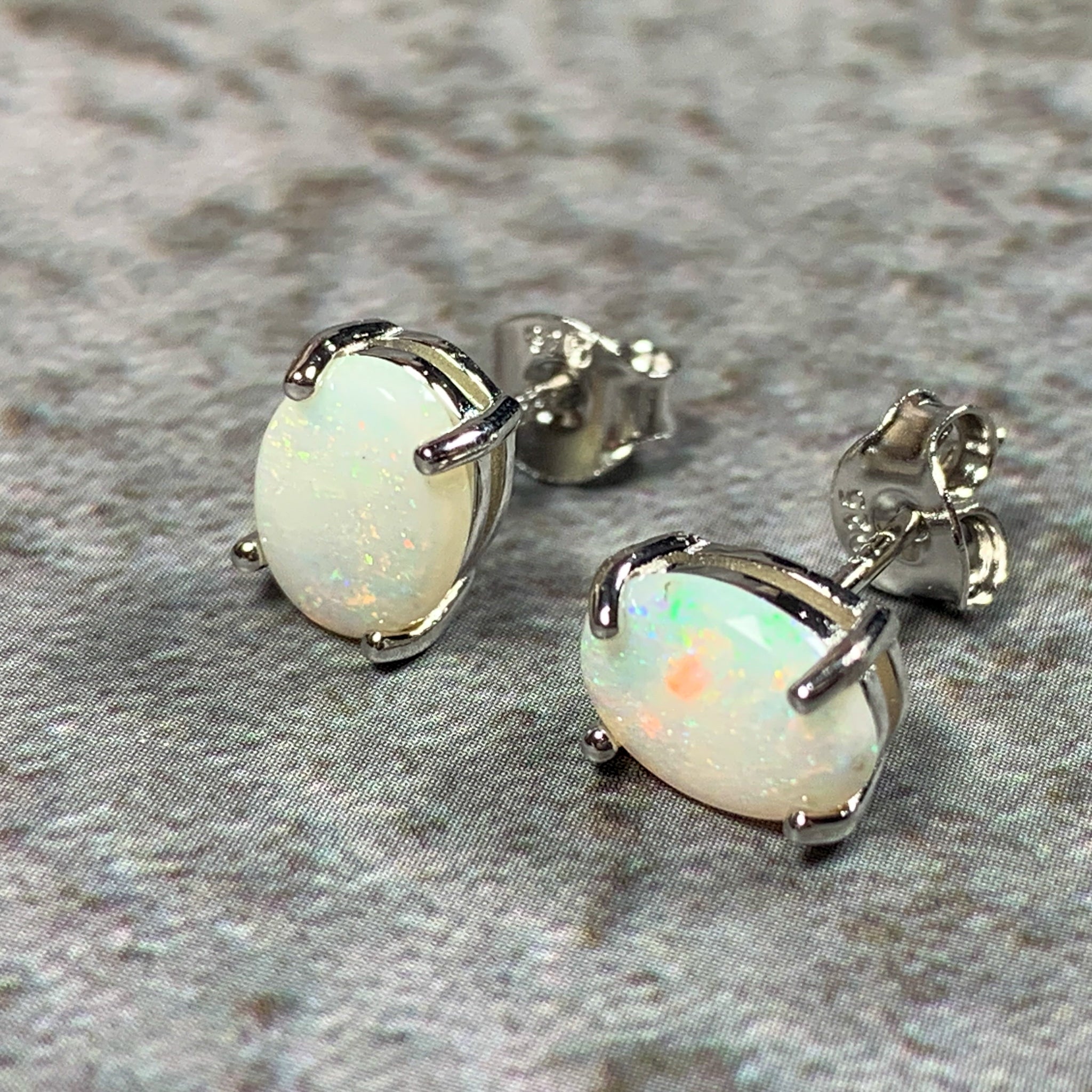 Sterling Silver 8x6mm White Opal studs - Masterpiece Jewellery Opal & Gems Sydney Australia | Online Shop