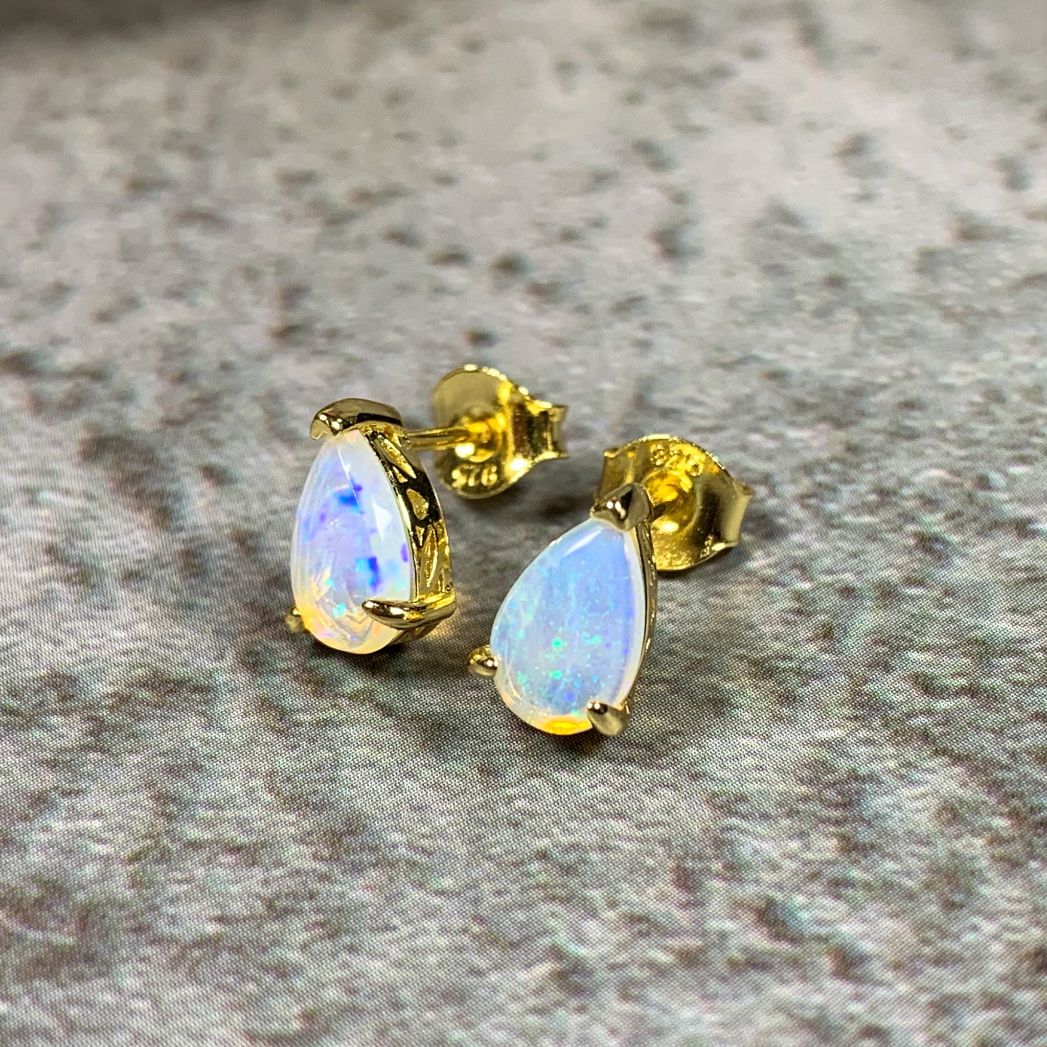 Gold plated silver 8x5mm pearshape White Opal studs - Masterpiece Jewellery Opal & Gems Sydney Australia | Online Shop