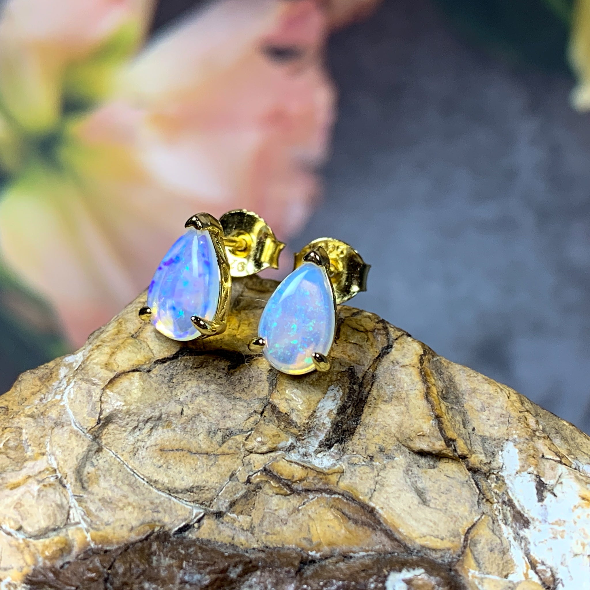 Gold plated silver 8x5mm pearshape White Opal studs - Masterpiece Jewellery Opal & Gems Sydney Australia | Online Shop