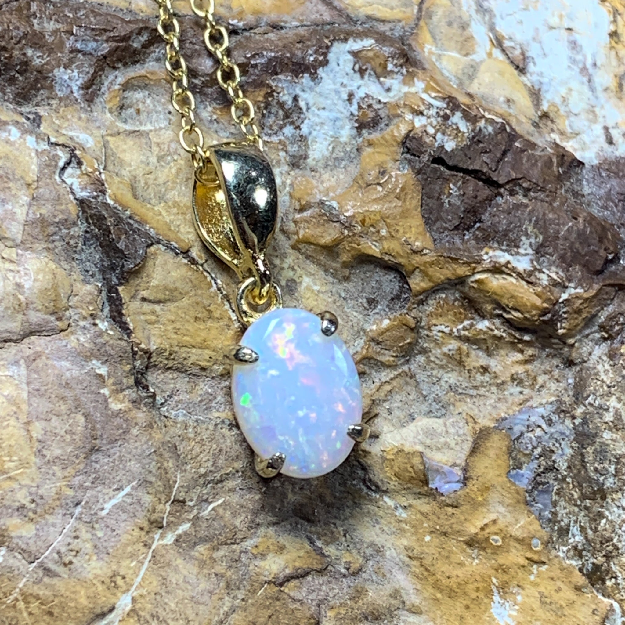 Gold Plated Sterling Silver 8x6mm White Opal pendant Necklace l solitaire style - Masterpiece Jewellery Opal & Gems Sydney Australia | Online Shop