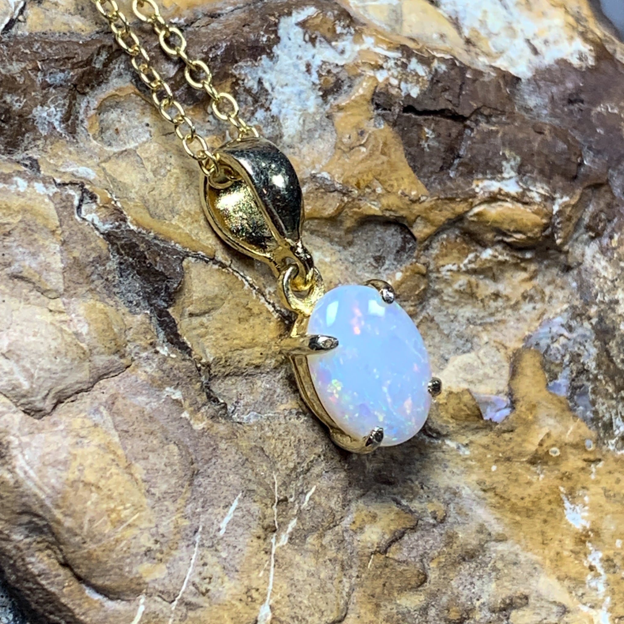 Gold Plated Sterling Silver 8x6mm White Opal pendant Necklace l solitaire style - Masterpiece Jewellery Opal & Gems Sydney Australia | Online Shop