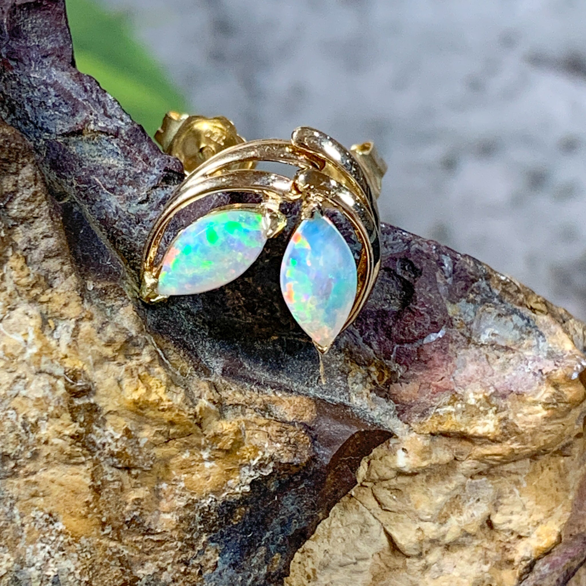 18kt Yellow Gold Opal Earrings in Marquise shape 8x4mm Opal Gold studs - Masterpiece Jewellery Opal & Gems Sydney Australia | Online Shop