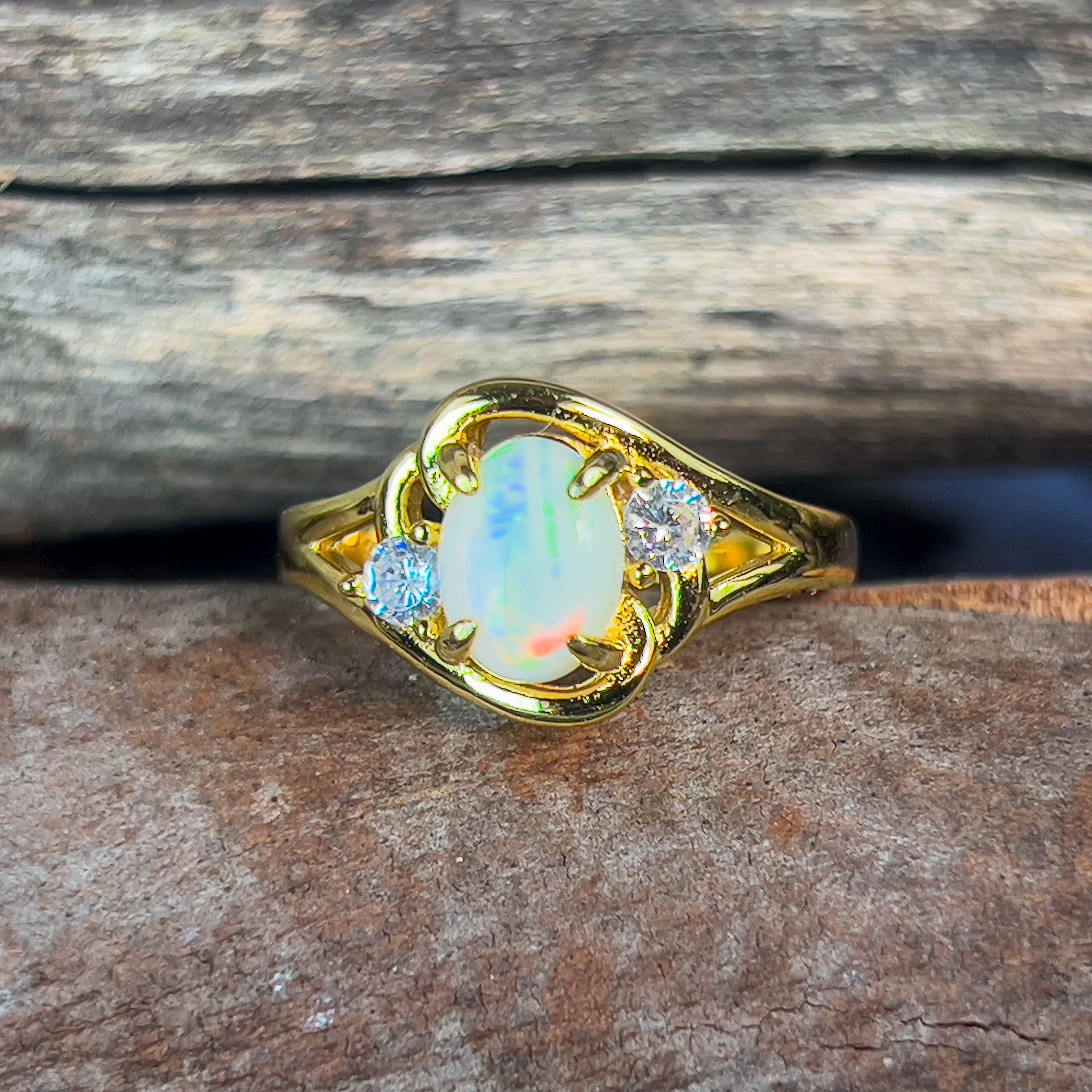 Sterling Silver Gold plated 8x6mm White Opal swirl ring - Masterpiece Jewellery Opal & Gems Sydney Australia | Online Shop