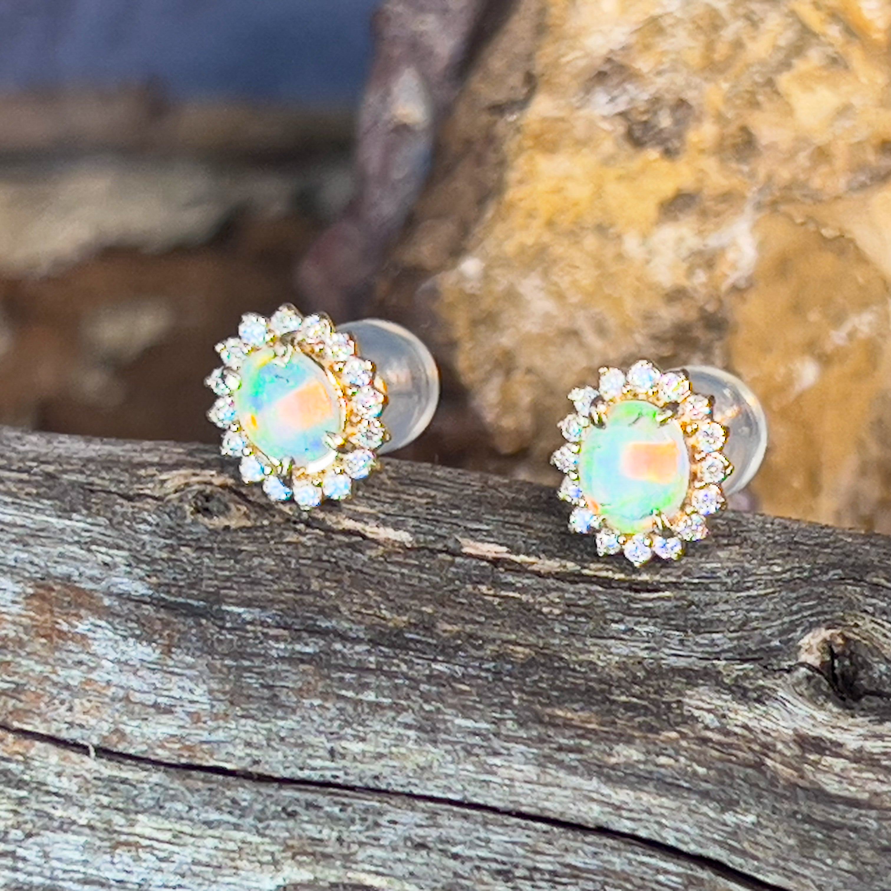 9kt Yellow Gold cluster earrings set with Light Opals and Diamonds - Masterpiece Jewellery Opal & Gems Sydney Australia | Online Shop