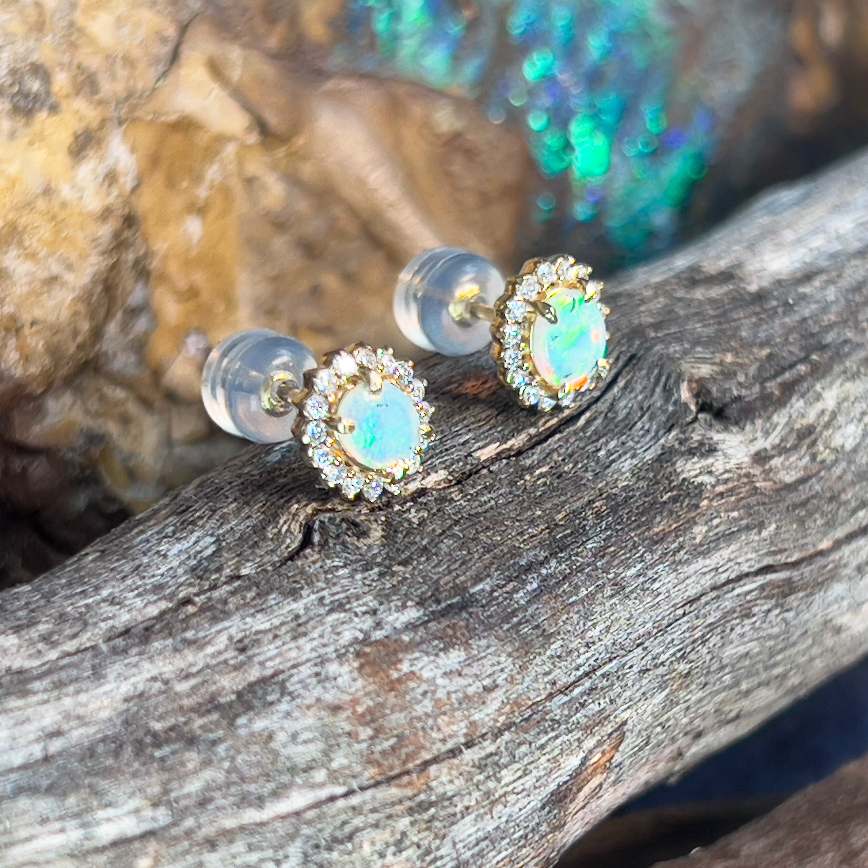 9kt Yellow Gold cluster earrings set with Light Opals and Diamonds - Masterpiece Jewellery Opal & Gems Sydney Australia | Online Shop