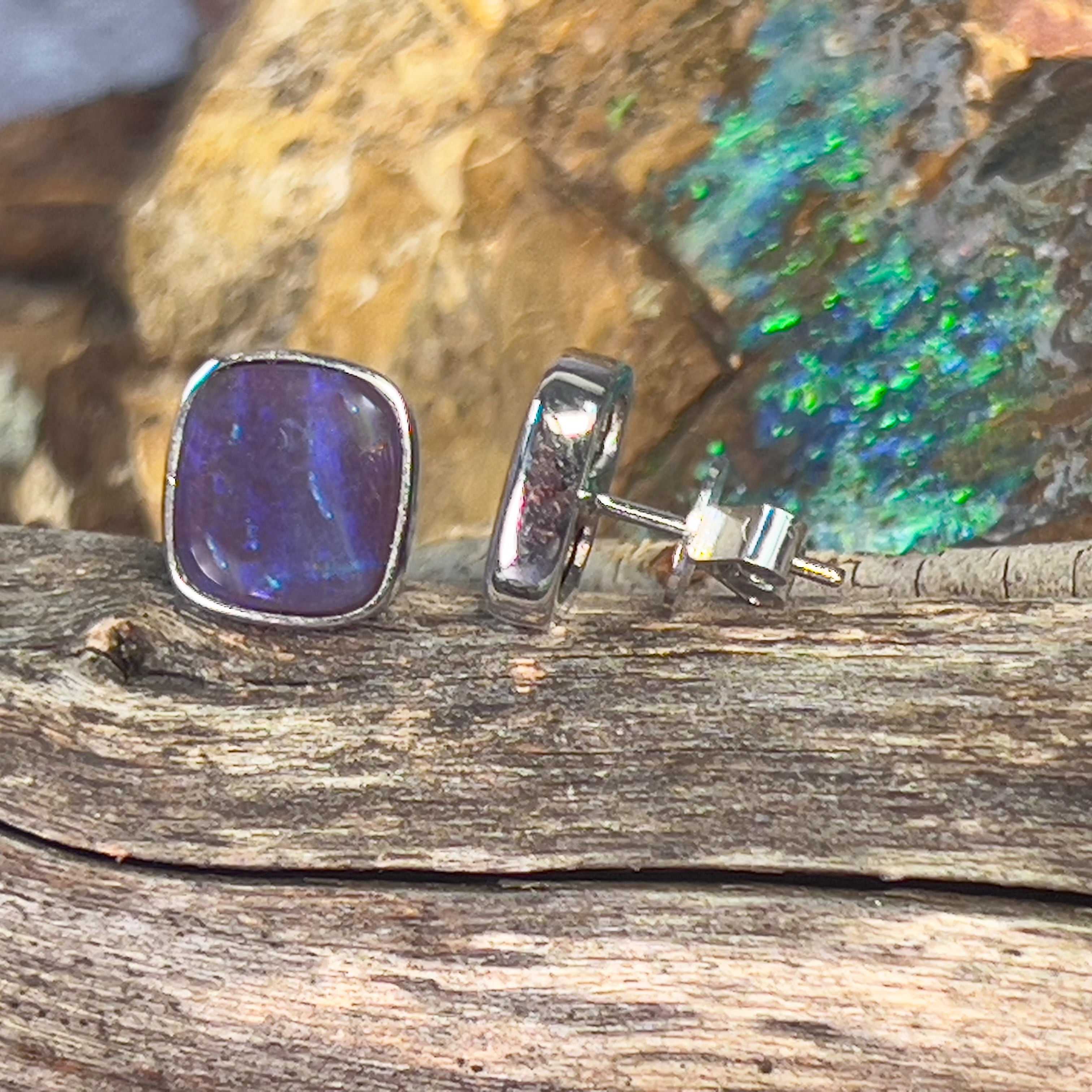 One pair of 18kt White Gold Boulder 6.2ct Blue Opal studs - Masterpiece Jewellery Opal & Gems Sydney Australia | Online Shop