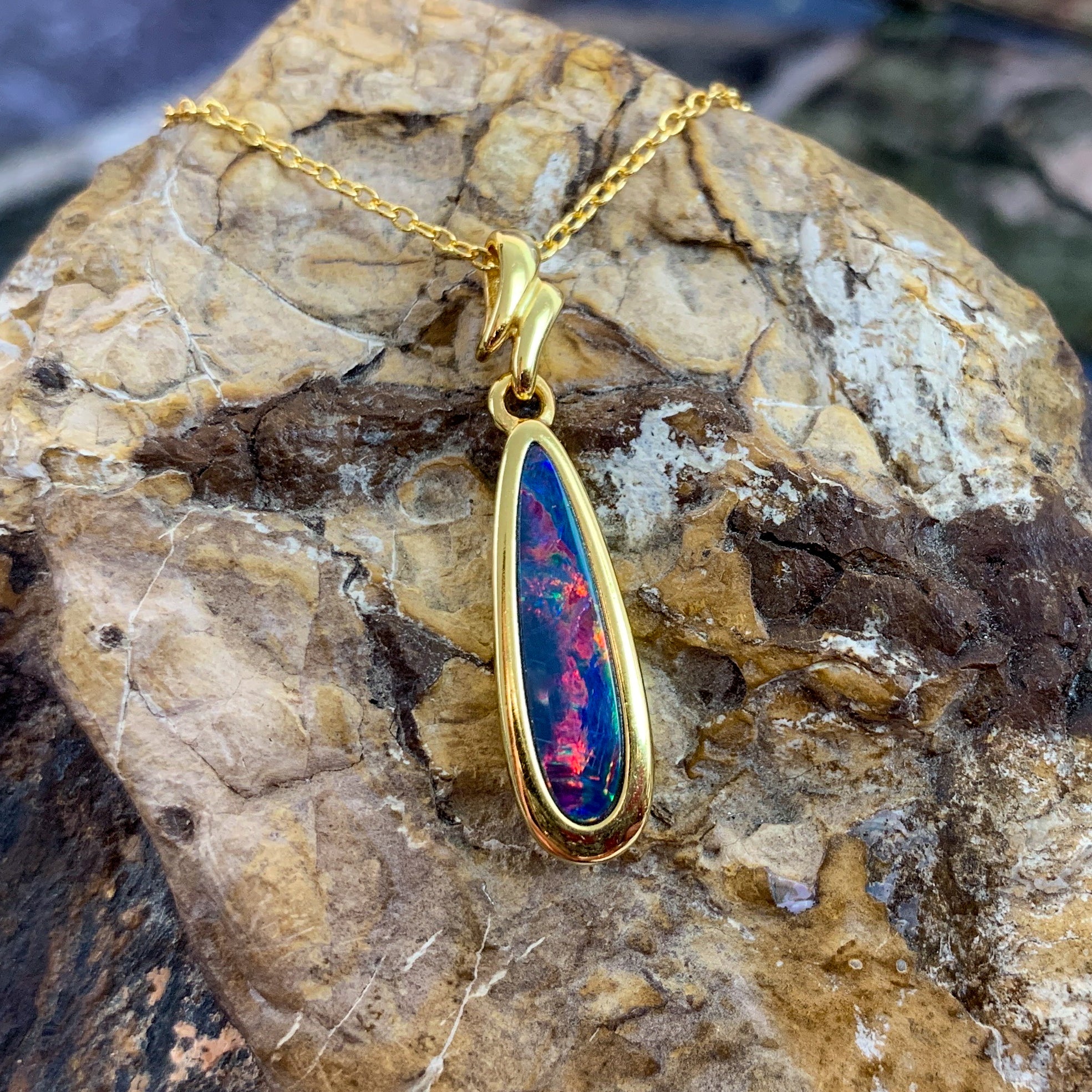 Gold Plated silver Opal doublet 28x6mm pendant - Masterpiece Jewellery Opal & Gems Sydney Australia | Online Shop