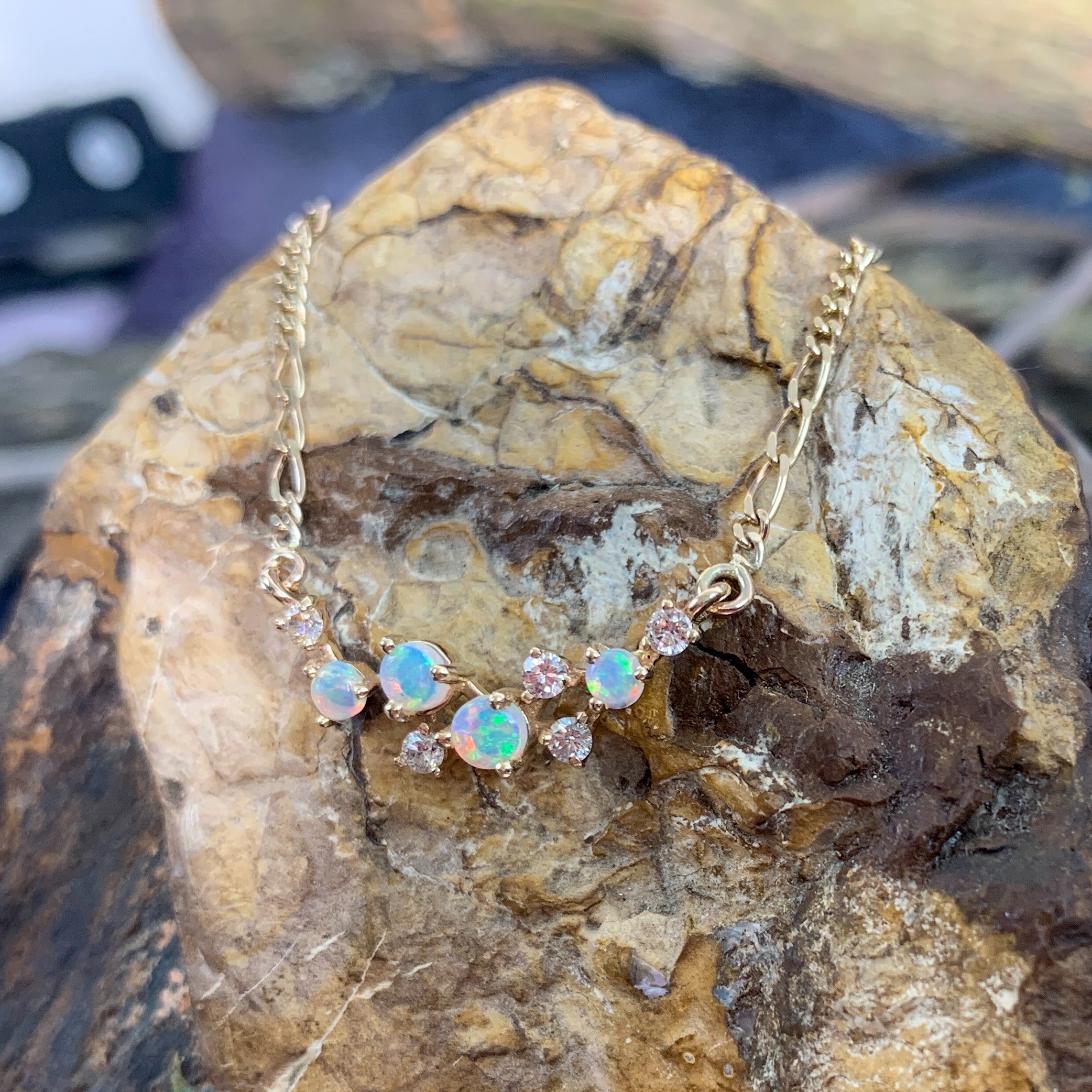 9kt Yellow Gold scatter Opal and Diamond design necklace - Masterpiece Jewellery Opal & Gems Sydney Australia | Online Shop