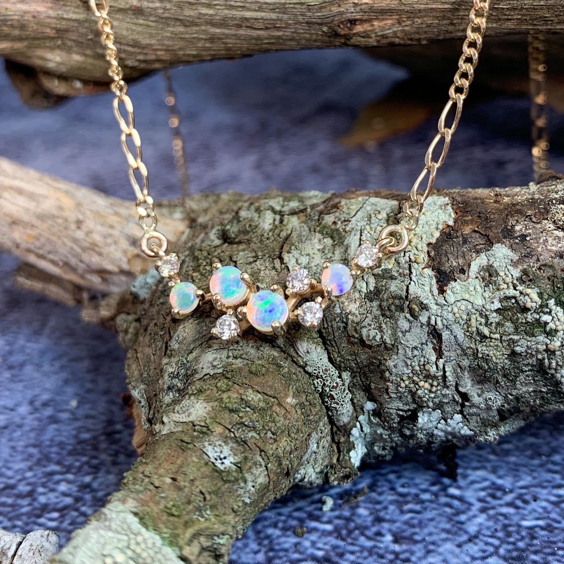 9kt Yellow Gold scatter Opal and Diamond design necklace - Masterpiece Jewellery Opal & Gems Sydney Australia | Online Shop