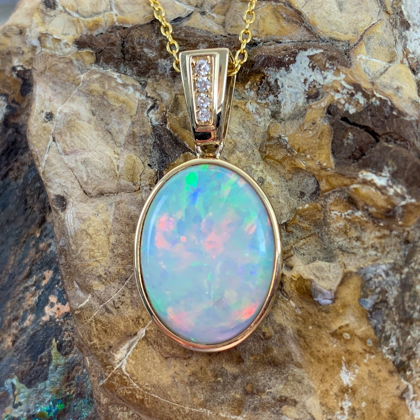 14kt Yellow Gold bezel set Oval Light Opal and diamond pendant - Masterpiece Jewellery Opal & Gems Sydney Australia | Online Shop