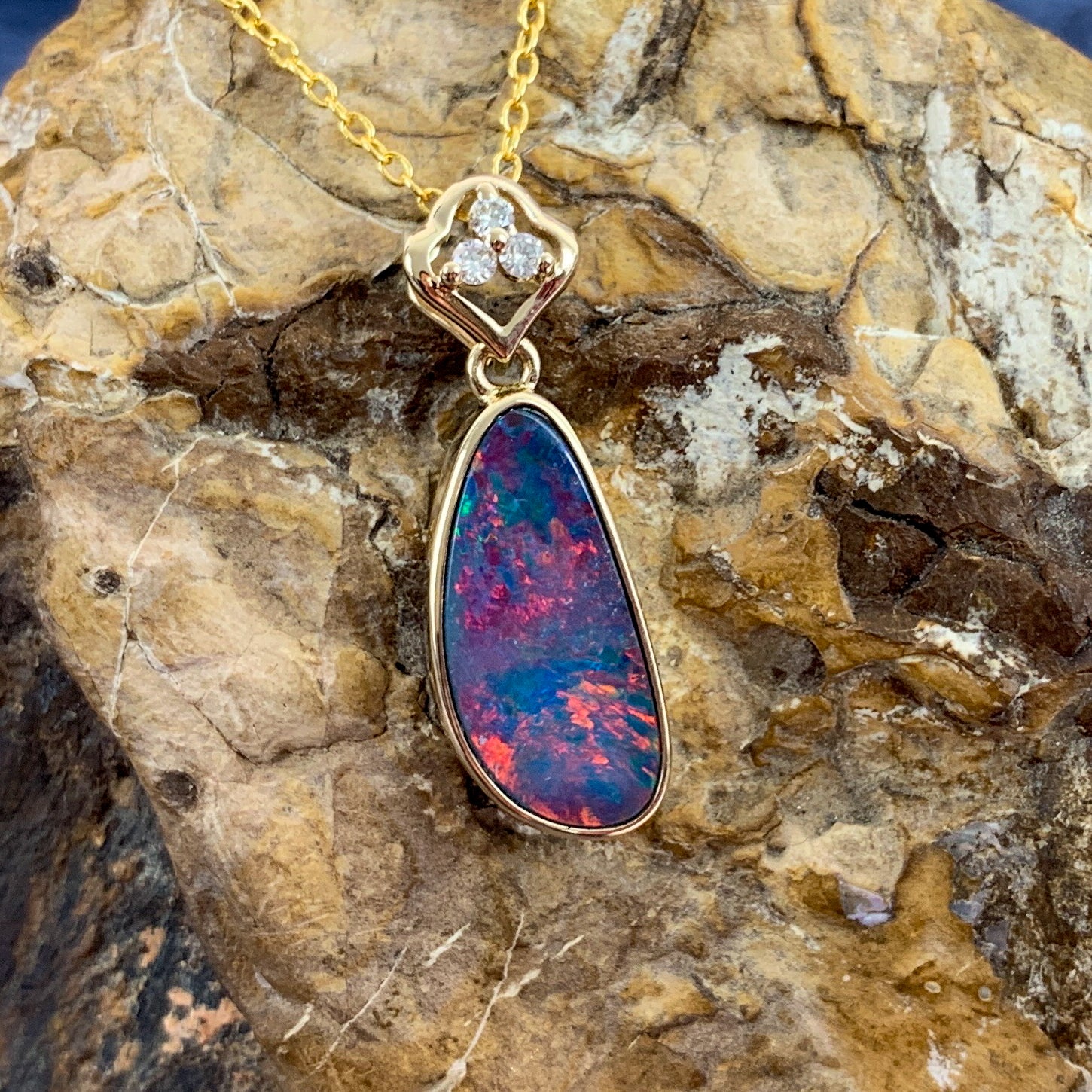 14kt Yellow Gold pendant with one Red Opal doublet and diamonds - Masterpiece Jewellery Opal & Gems Sydney Australia | Online Shop