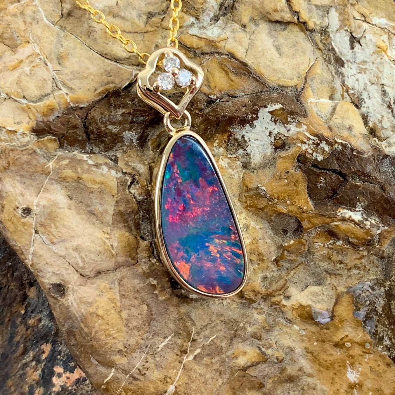 14kt Yellow Gold pendant with one Red Opal doublet and diamonds - Masterpiece Jewellery Opal & Gems Sydney Australia | Online Shop