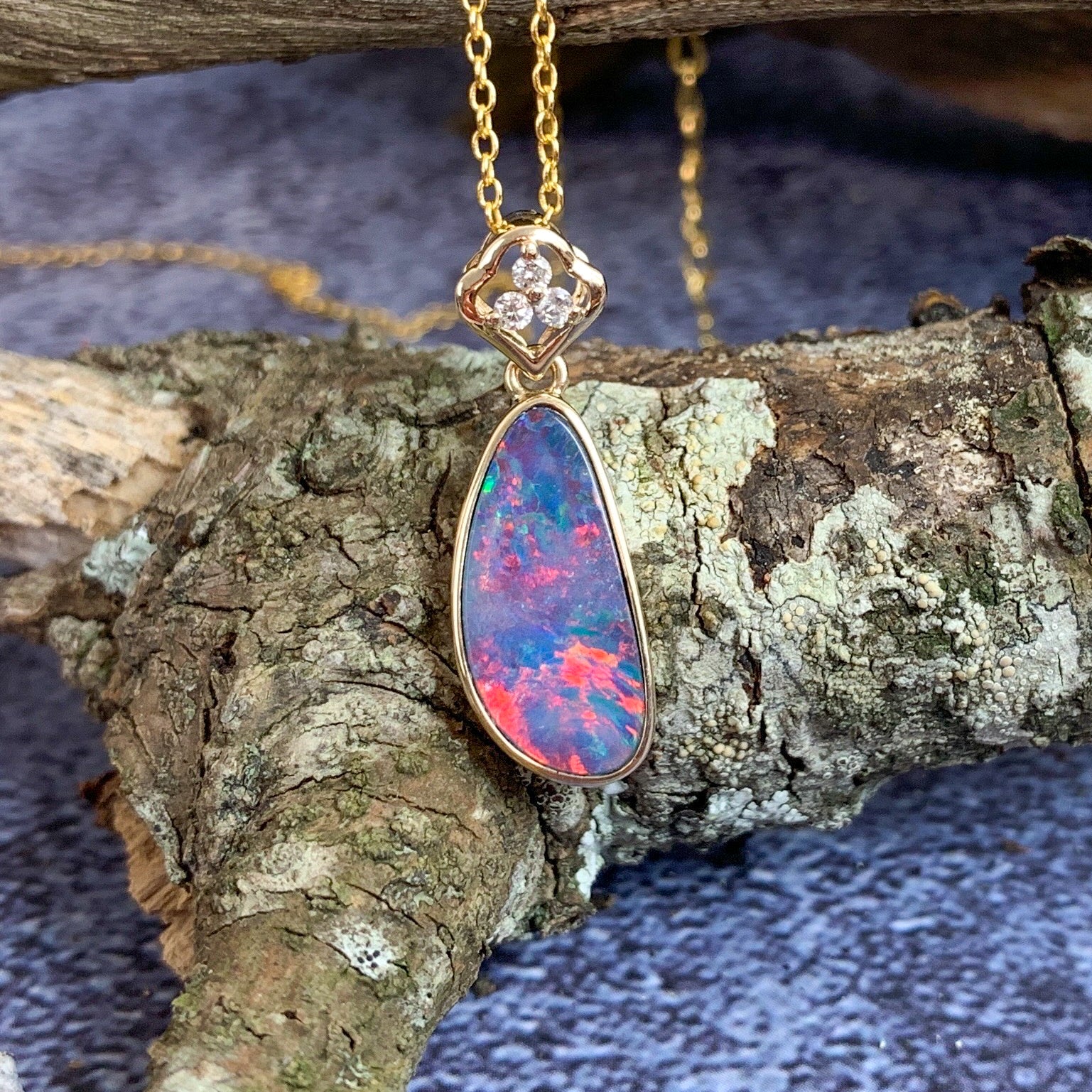 14kt Yellow Gold pendant with one Red Opal doublet and diamonds - Masterpiece Jewellery Opal & Gems Sydney Australia | Online Shop