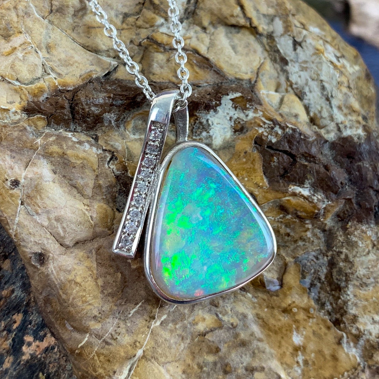 Sterling Silver Crystal Opal pendant with cubic zirconias triangular shape - Masterpiece Jewellery Opal & Gems Sydney Australia | Online Shop