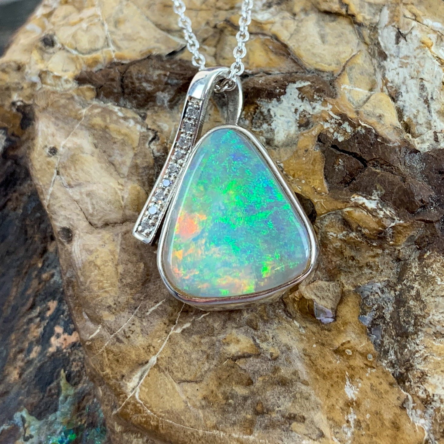 Sterling Silver Crystal Opal pendant with cubic zirconias triangular shape - Masterpiece Jewellery Opal & Gems Sydney Australia | Online Shop