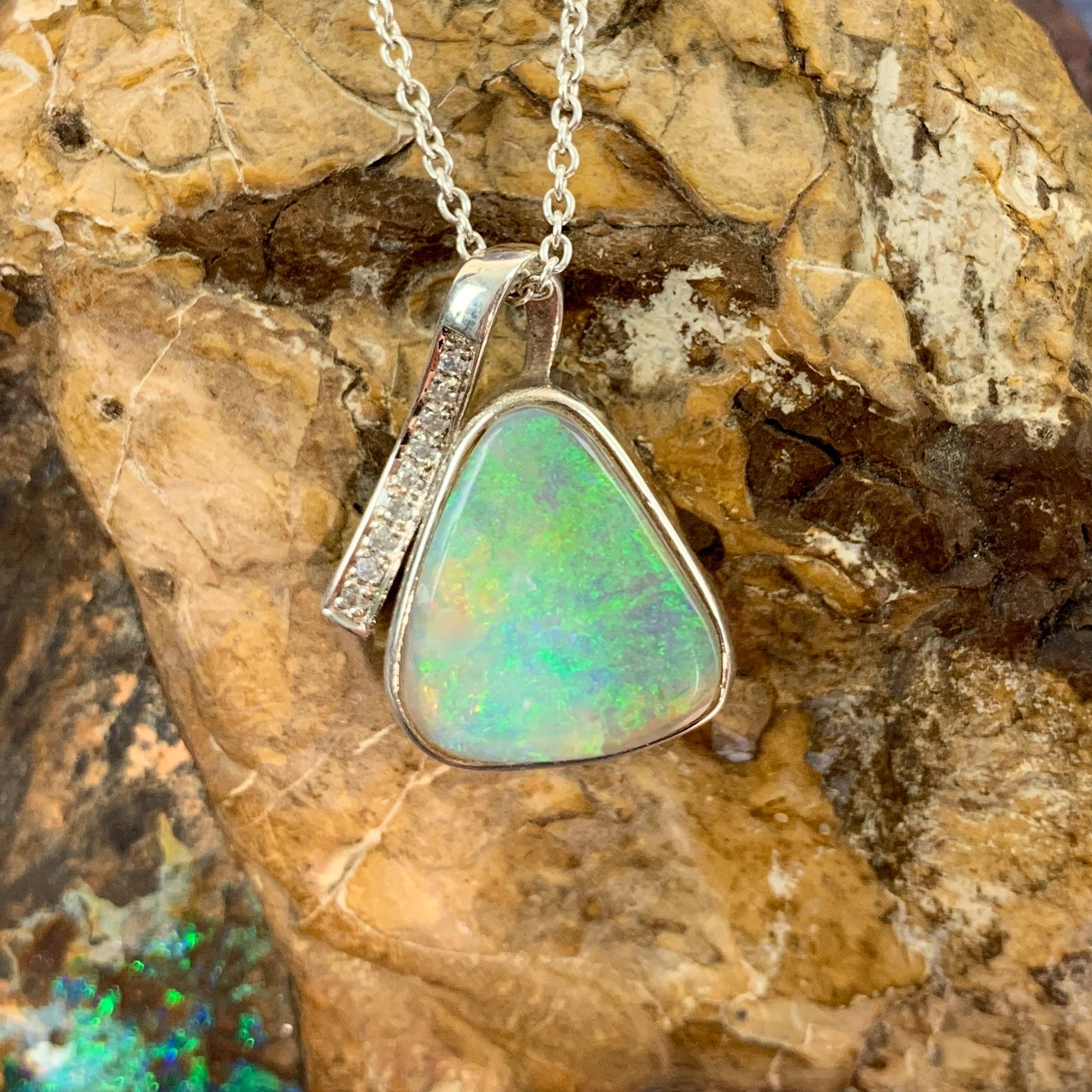 Sterling Silver Crystal Opal pendant with cubic zirconias triangular shape - Masterpiece Jewellery Opal & Gems Sydney Australia | Online Shop