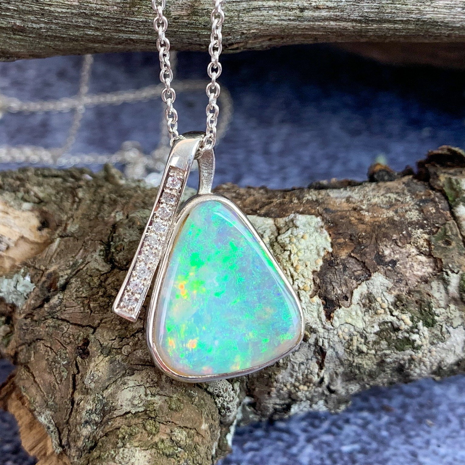 Sterling Silver Crystal Opal pendant with cubic zirconias triangular shape - Masterpiece Jewellery Opal & Gems Sydney Australia | Online Shop