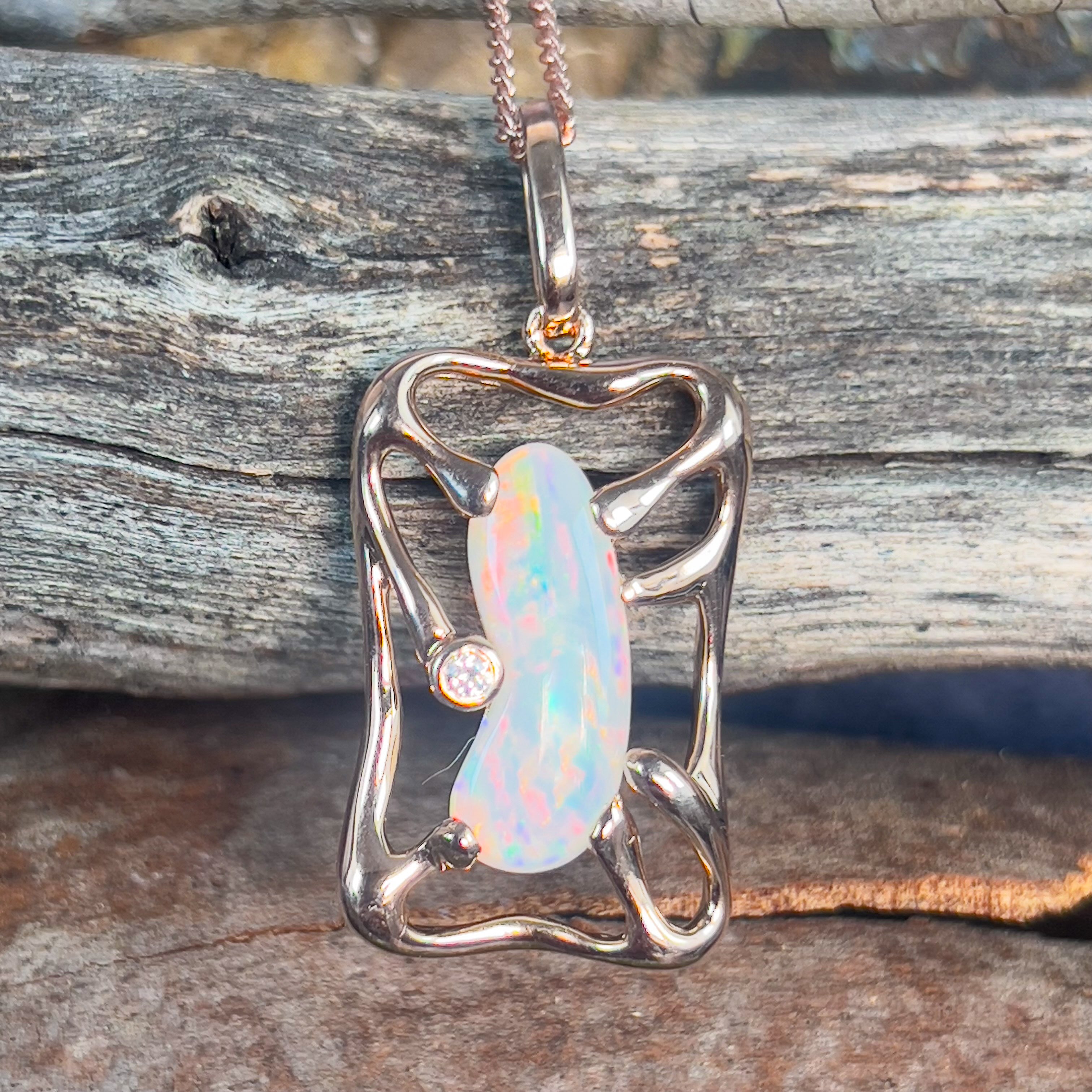 Rose Gold plated Sterling Silver Light Opal freeform pendant rectangular - Masterpiece Jewellery Opal & Gems Sydney Australia | Online Shop