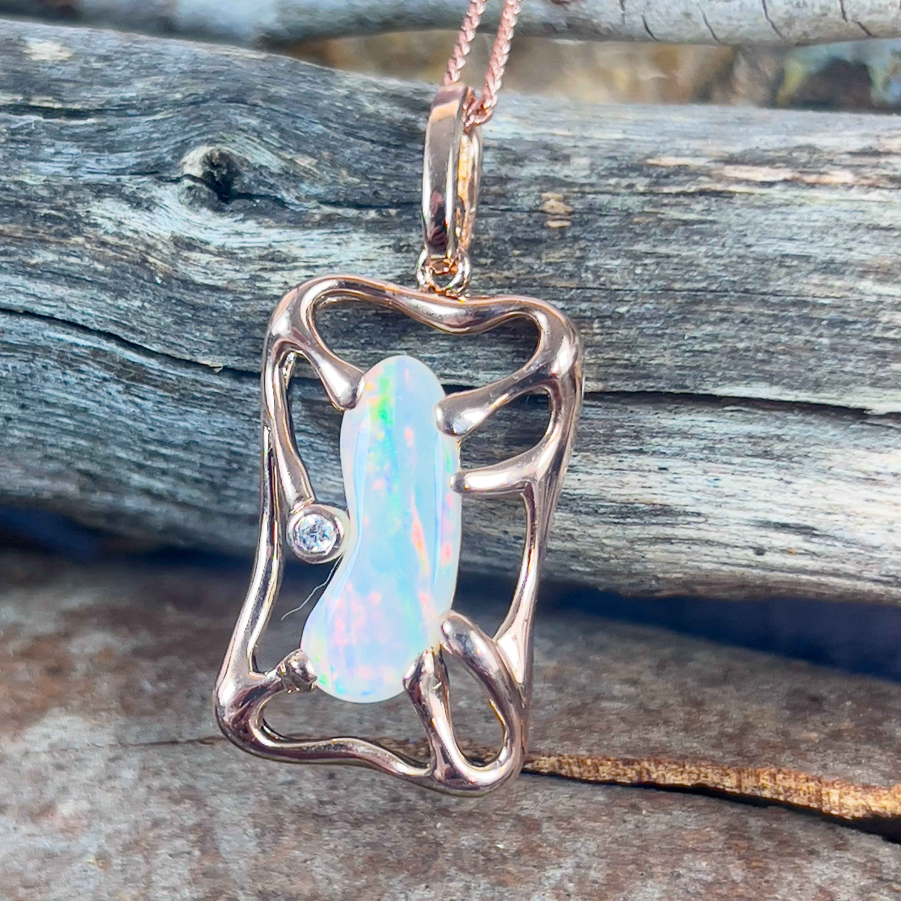 Rose Gold plated Sterling Silver Light Opal freeform pendant rectangular - Masterpiece Jewellery Opal & Gems Sydney Australia | Online Shop