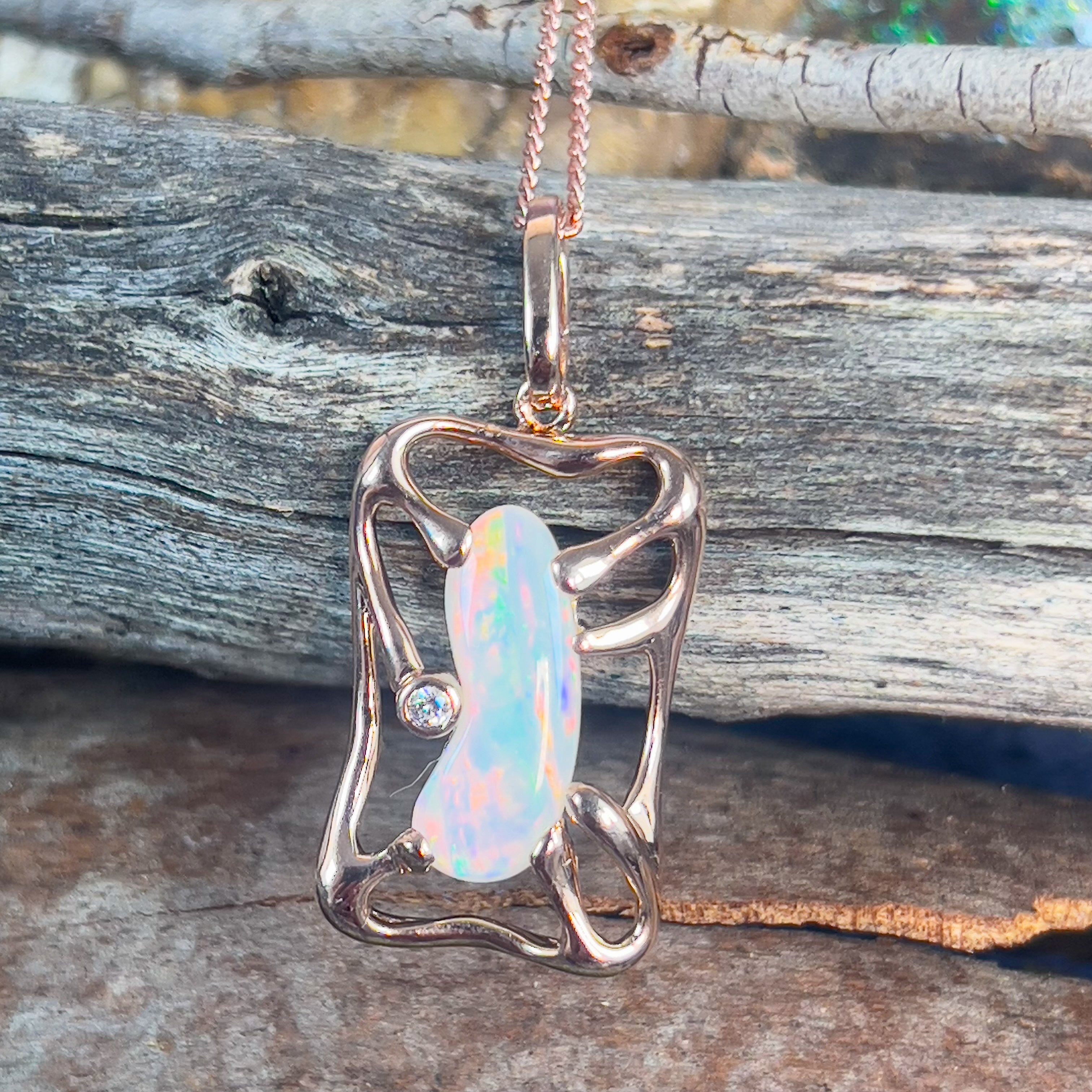 Rose Gold plated Sterling Silver Light Opal freeform pendant rectangular - Masterpiece Jewellery Opal & Gems Sydney Australia | Online Shop